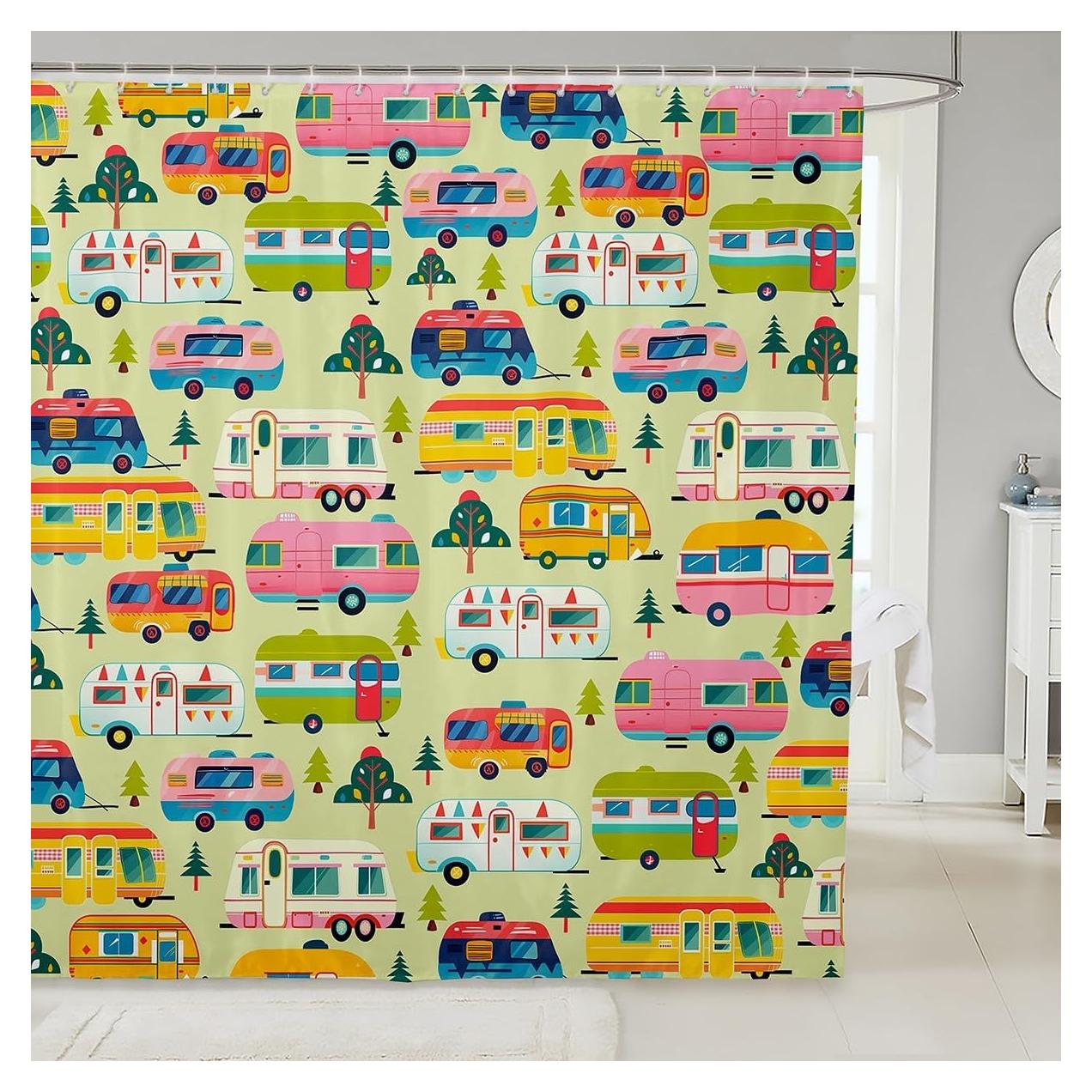 Manfei Cartoon Camping Truck Kids Shower Curtains,Camper RV Trailer Adventure Bathroom Curtains for Boys Girls,Jungle Pine Trees Rustic Nature Green Waterproof Curtains,12 Hooks Suits,72" W x 72" L