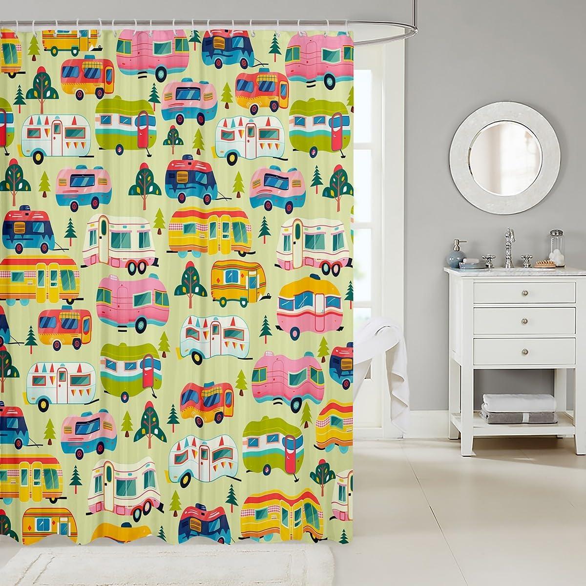 Manfei Cartoon Camping Truck Kids Shower Curtains,Camper RV Trailer Adventure Bathroom Curtains for Boys Girls,Jungle Pine Trees Rustic Nature Green Waterproof Curtains,12 Hooks Suits,72" W x 72" L