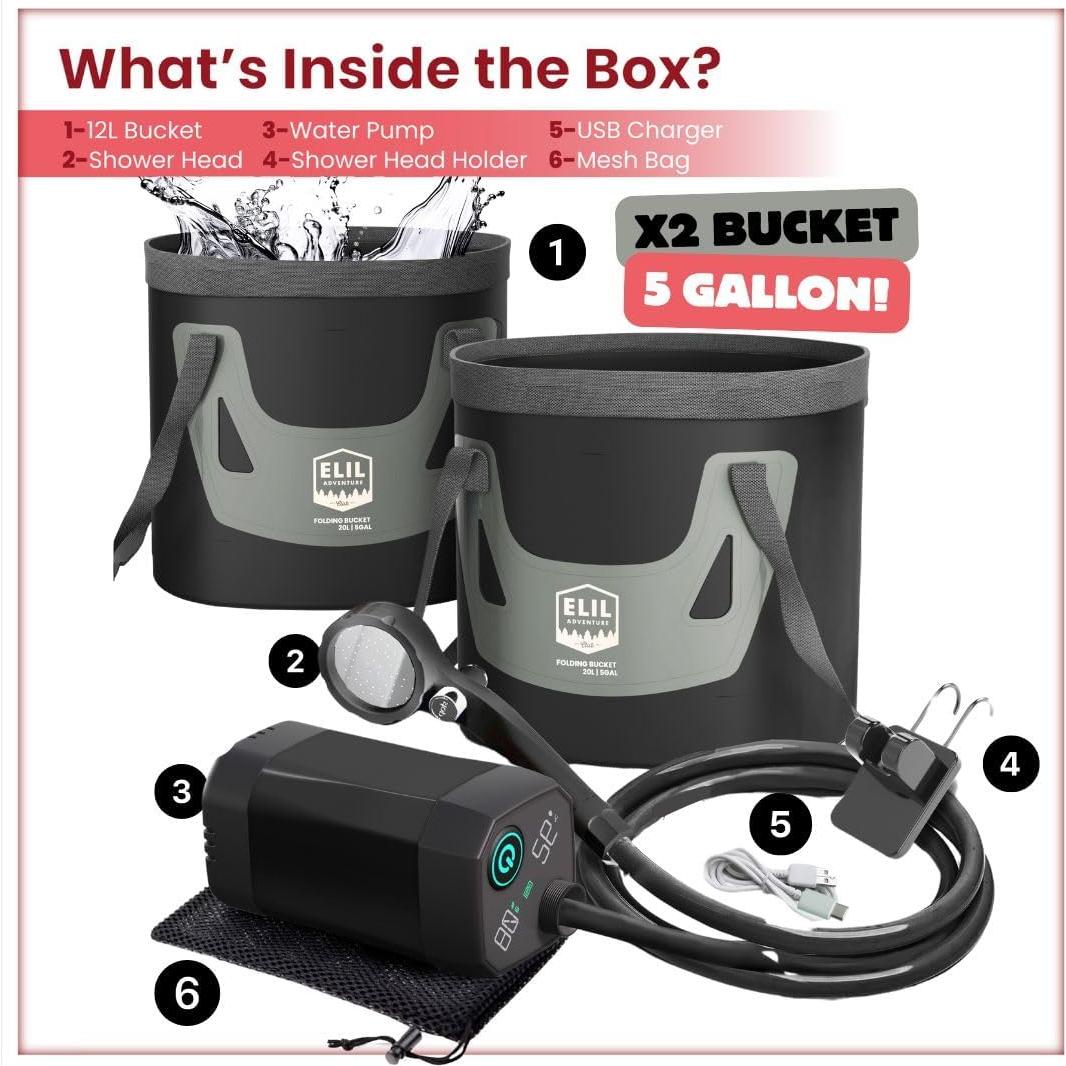 Ducha Portátil Elil con Bomba de Alta Presión y 2 Cubos 19L