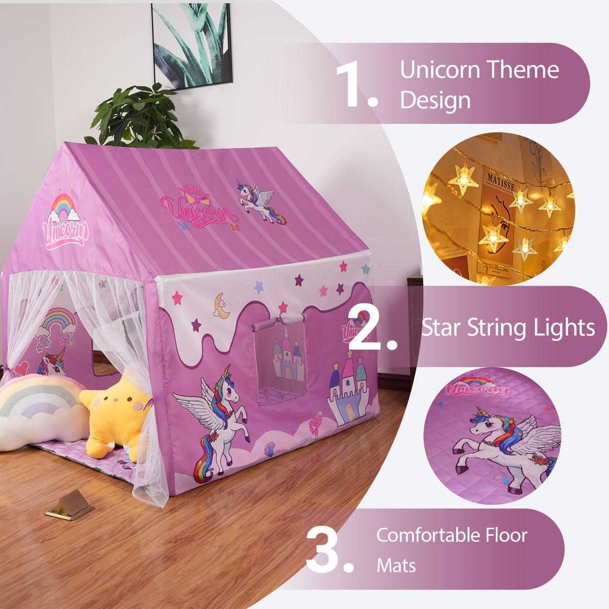 Carpa de Juegos Unicornio Naibrxh con Alfombra y Luces LED 119.4x118.6x96.7cm