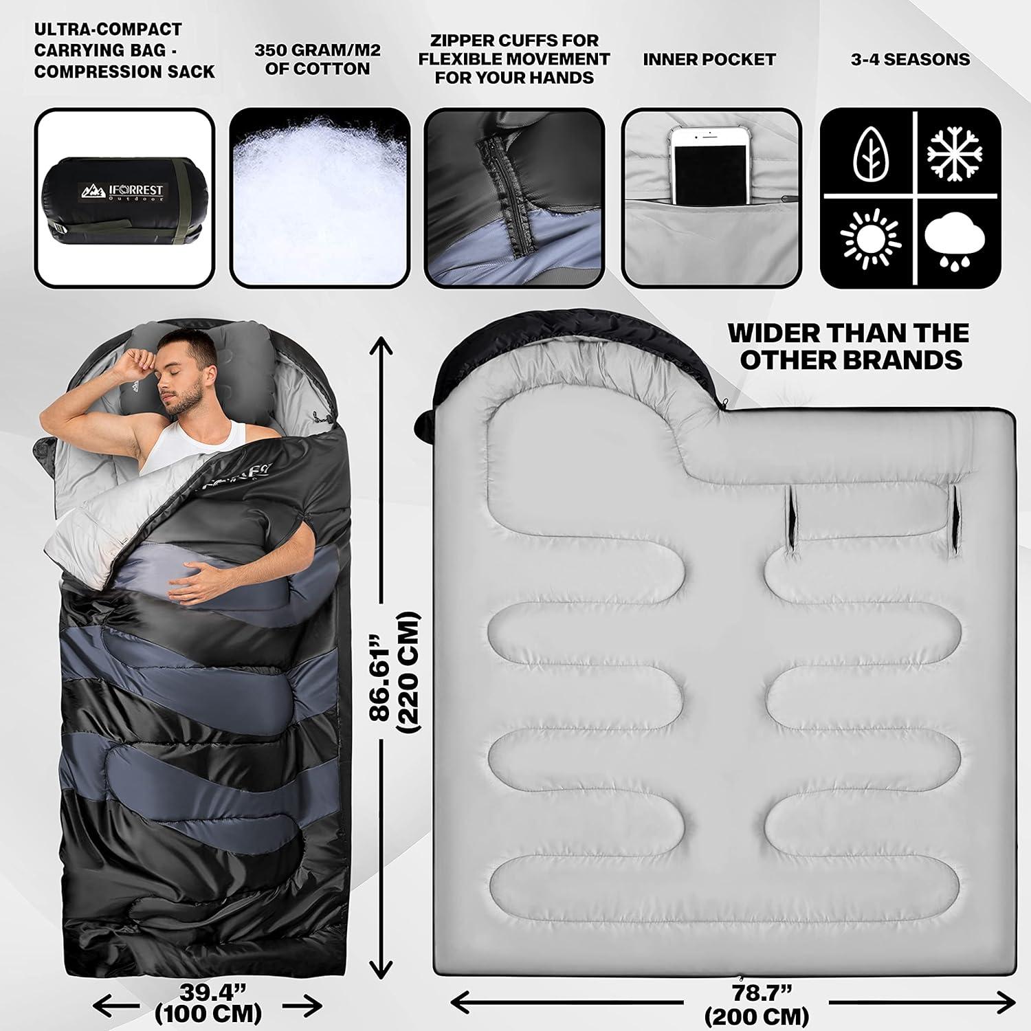 Saco de dormir IFORREST XXL para camping - 221x102 cm, 1 persona