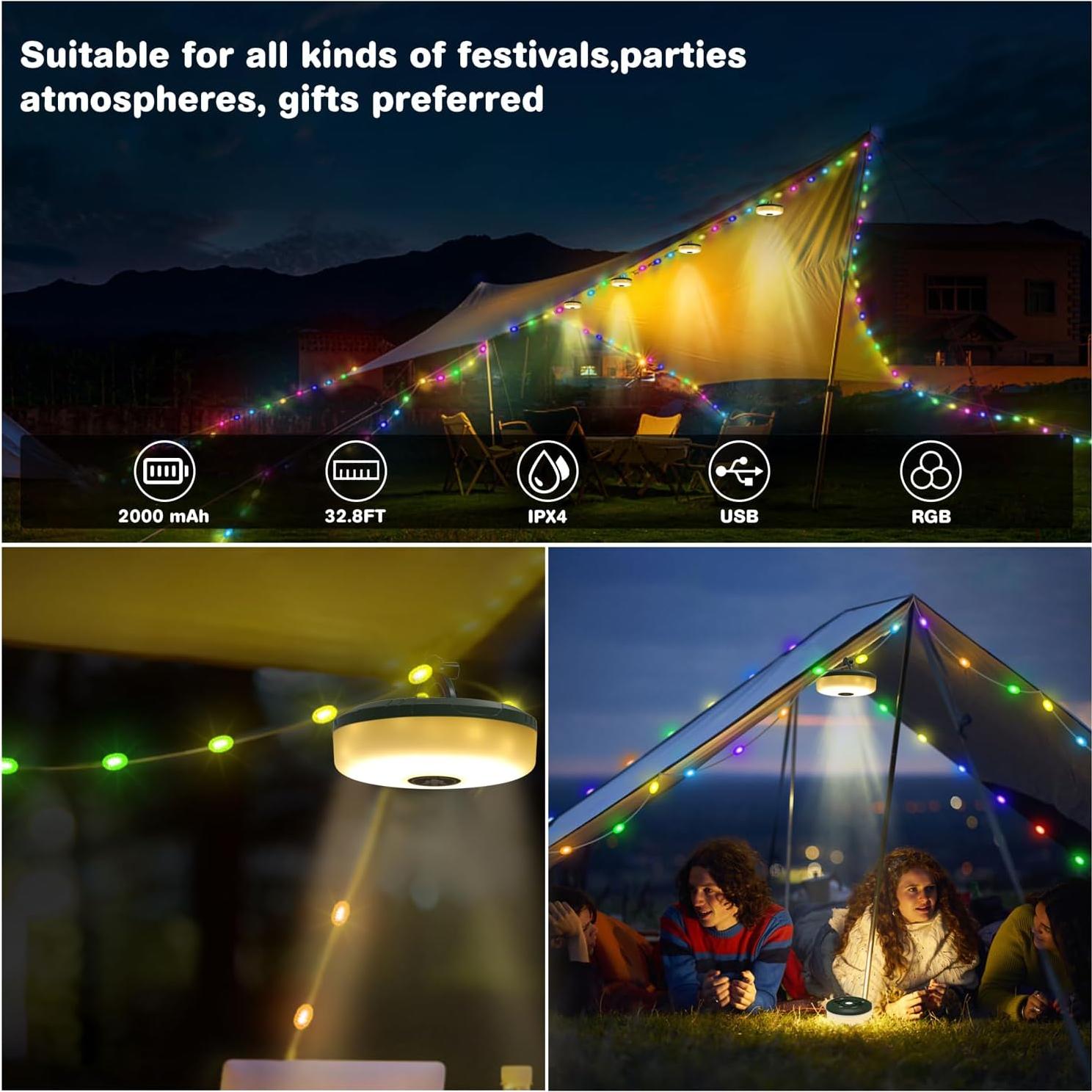Luces de Cuerda para Camping Siloon 10m Recargables USB Impermeables