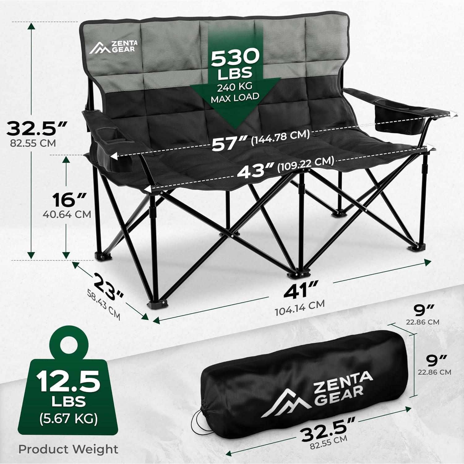 Silla de Camping Doble ZENTA GEAR Plegable 240 kg Acolchada