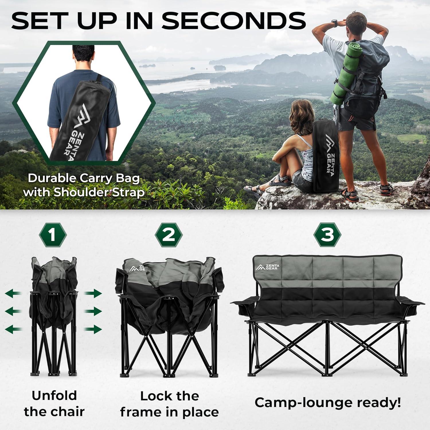 Silla de Camping Doble ZENTA GEAR Plegable 240 kg Acolchada