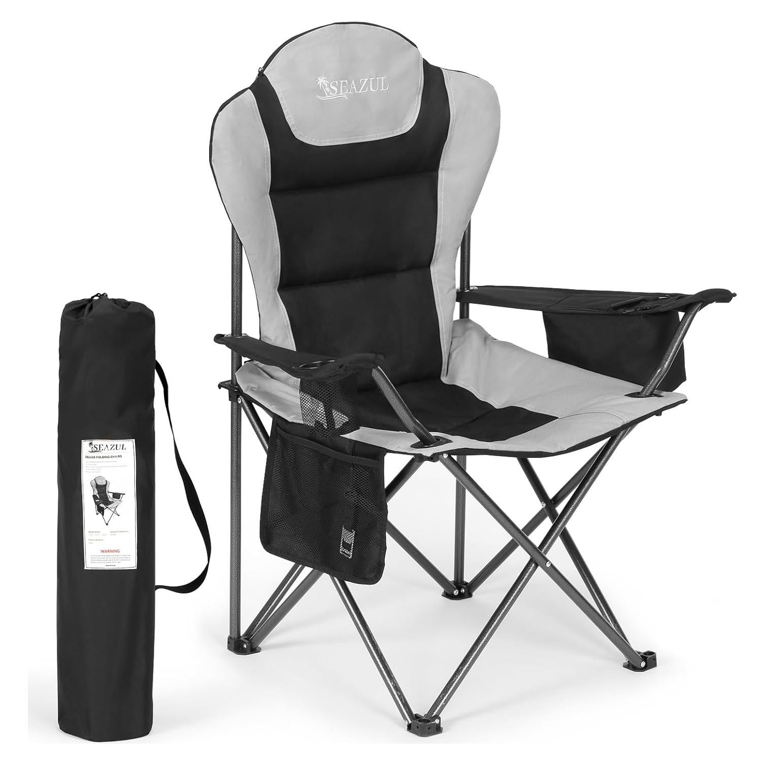 Silla de Camping Plegable Seazul Negra 172 KG con Portavasos