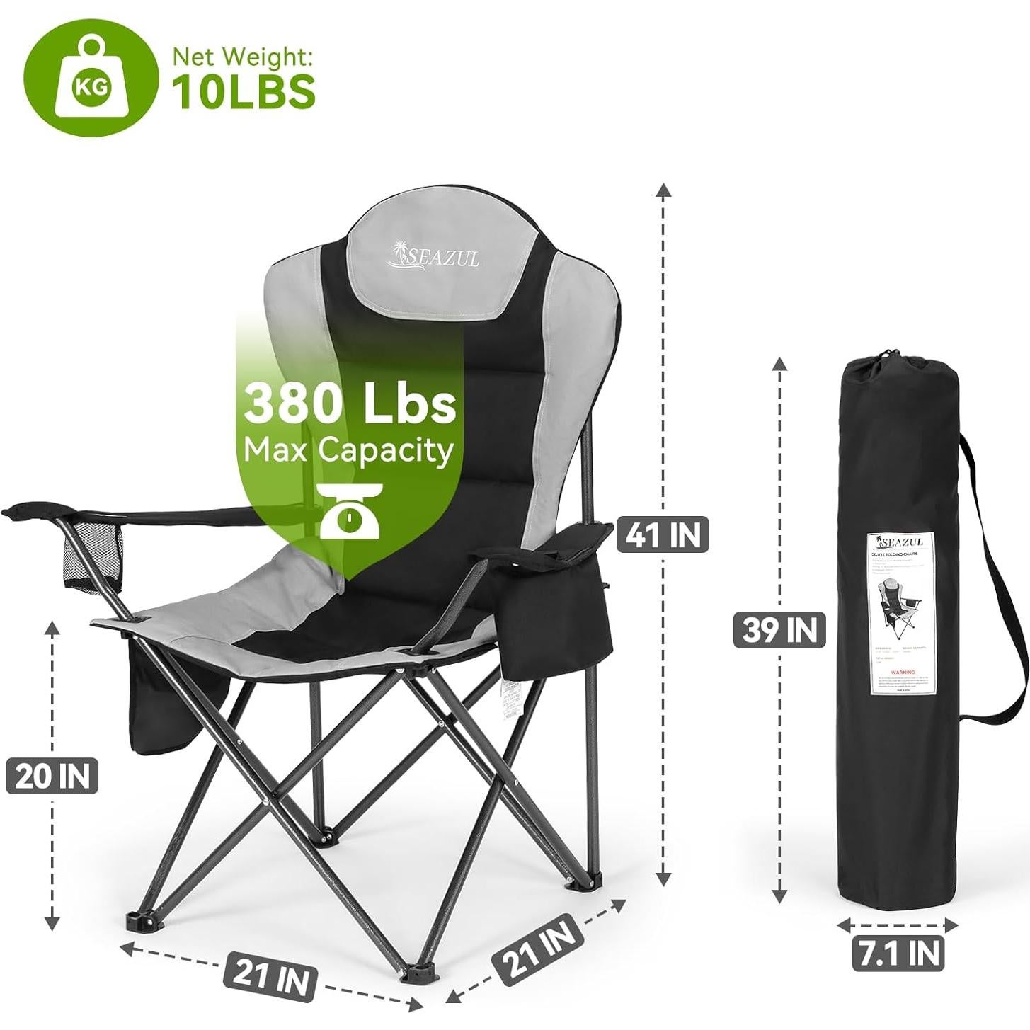Silla de Camping Plegable Seazul Negra 172 KG con Portavasos