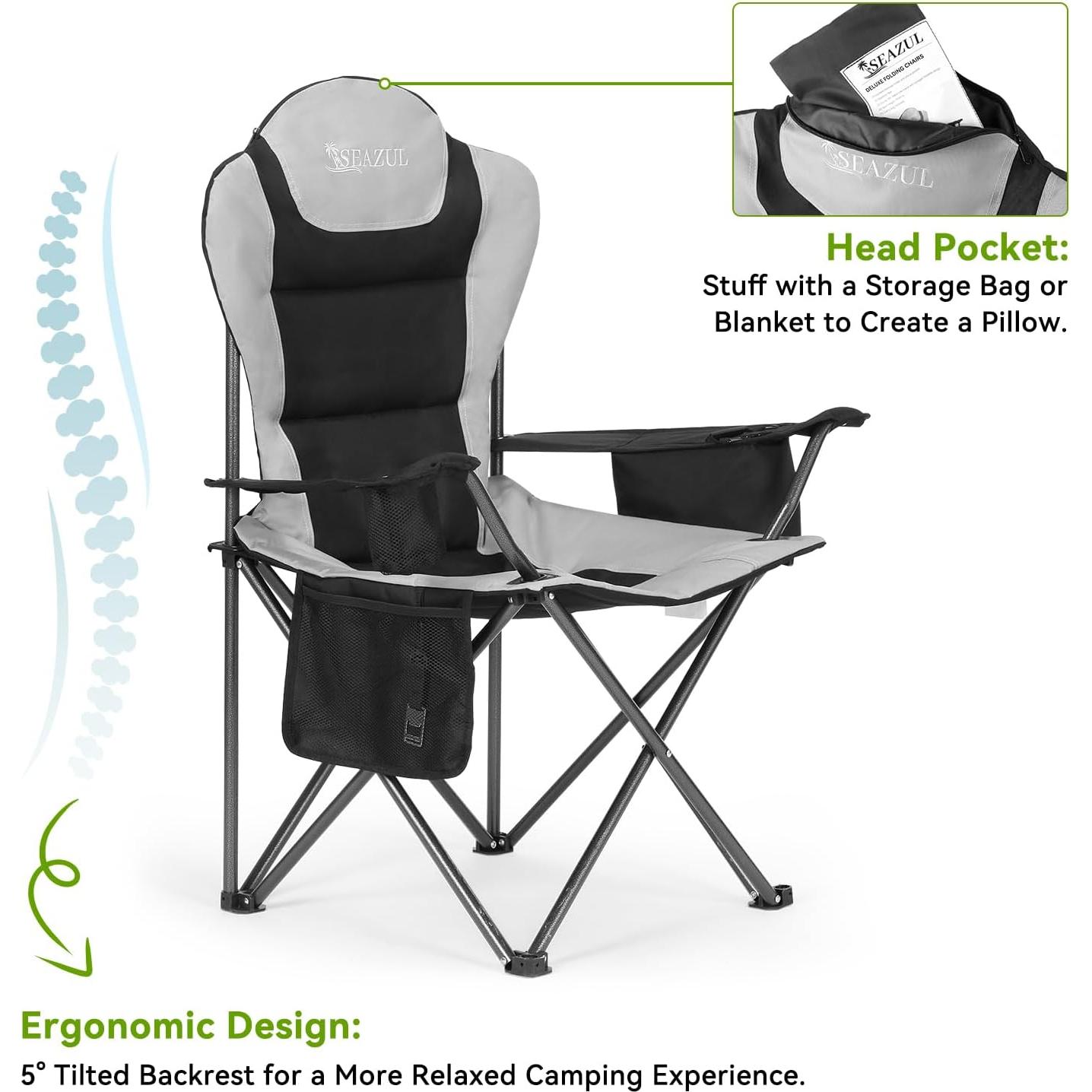 Silla de Camping Plegable Seazul Negra 172 KG con Portavasos