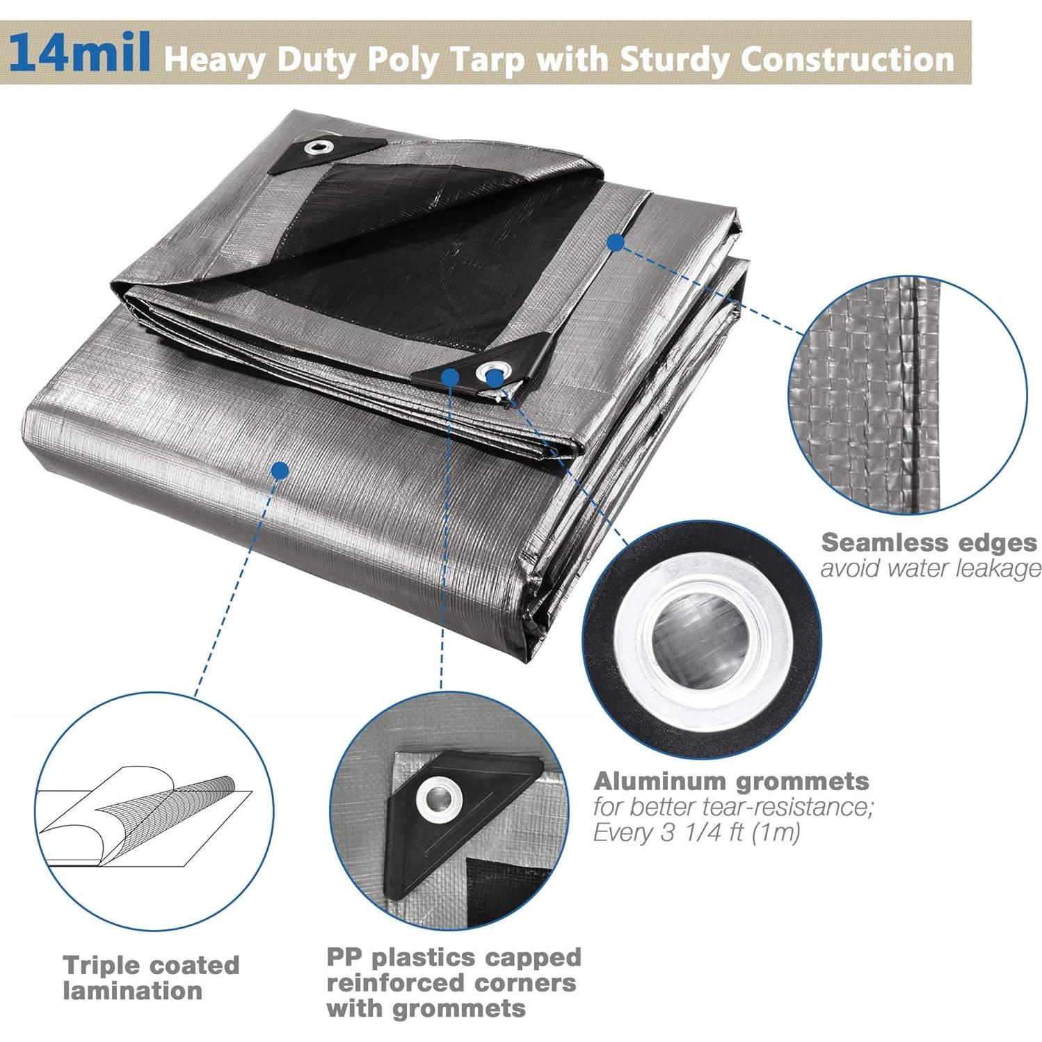 Lona Reforzada Impermeable Yescom 12x16ft 14 Mil Plata Negra