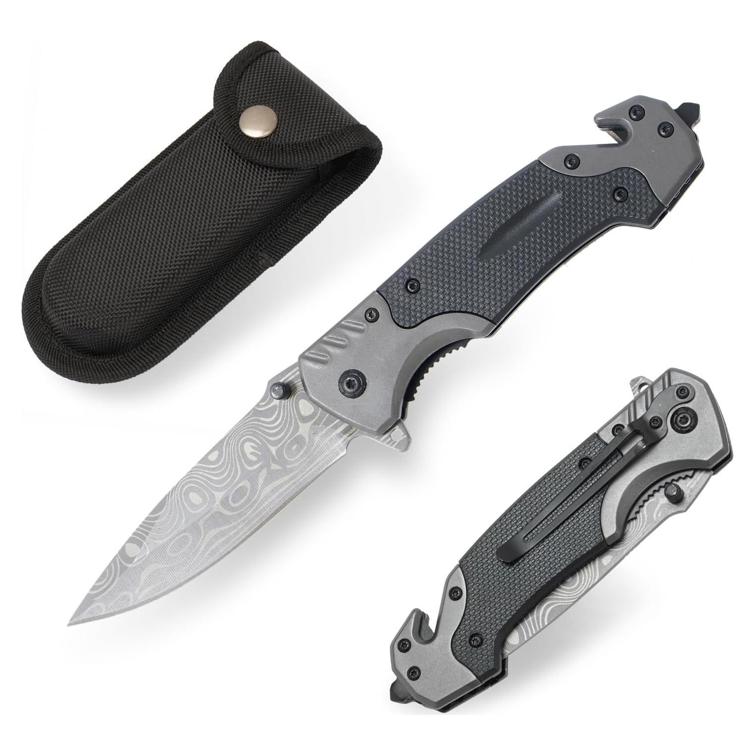 Cuchillo Plegable ZPFOE05 Gris 3-en-1 con Clip de Bolsillo