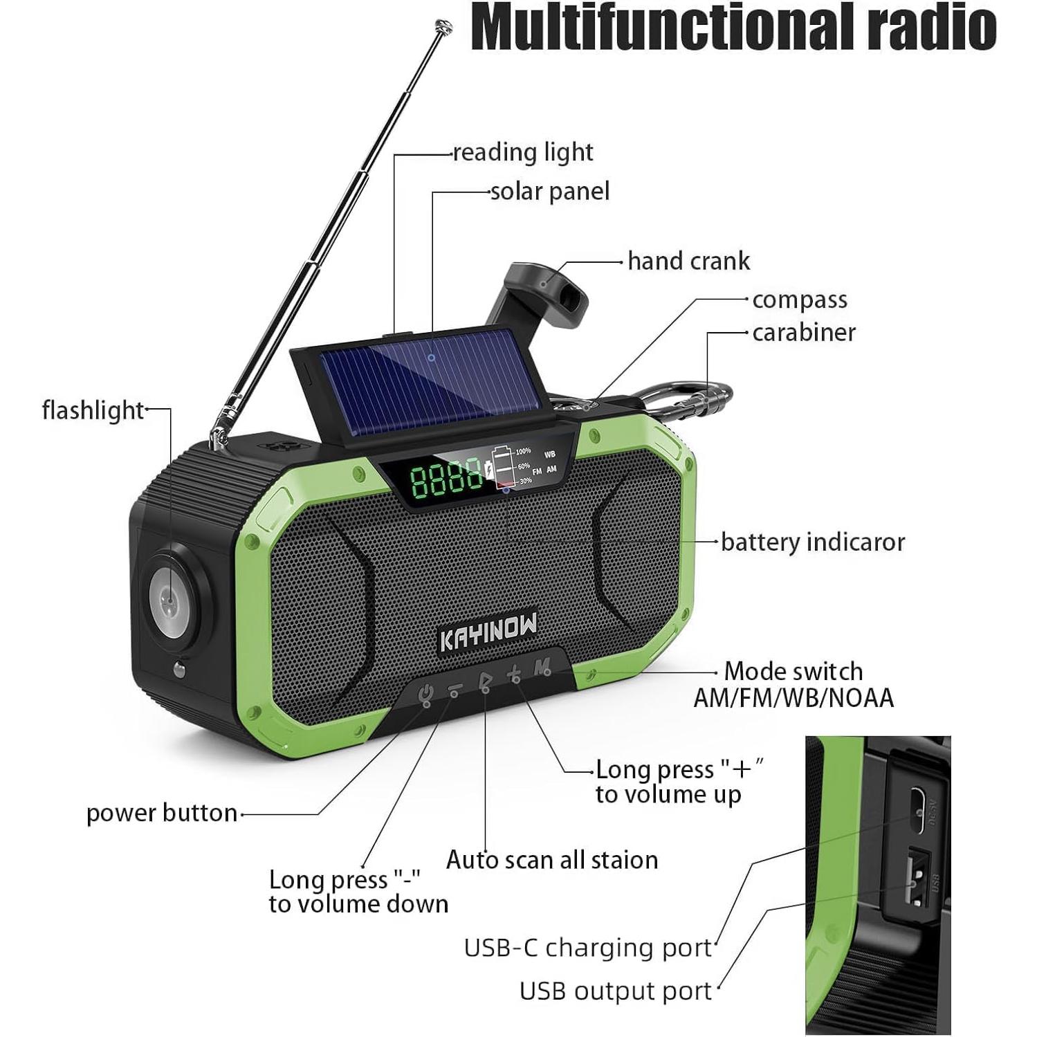 Radio de Emergencia KAYINOW DF-580B AM FM NOAA Solar Manivela