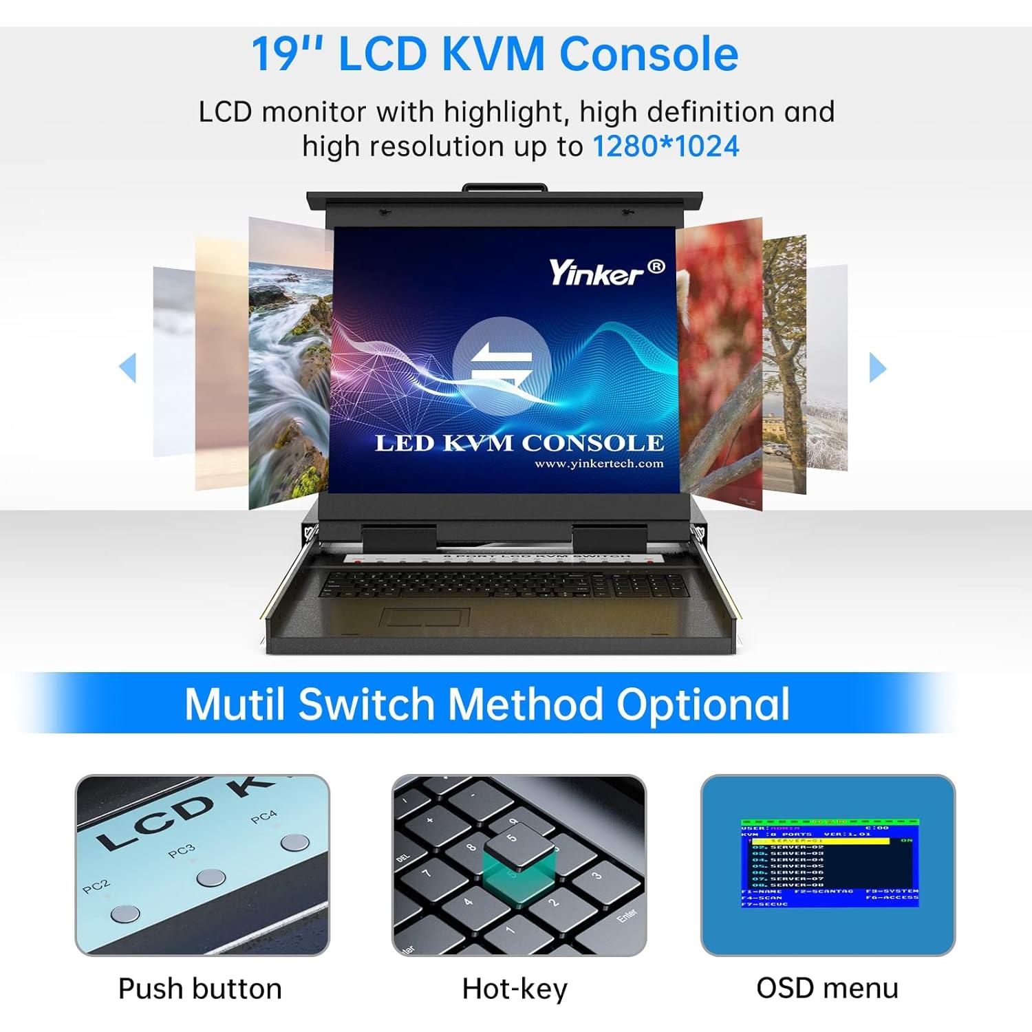 Conmutador KVM VGA 8 puertos Yinker con monitor LCD 19"