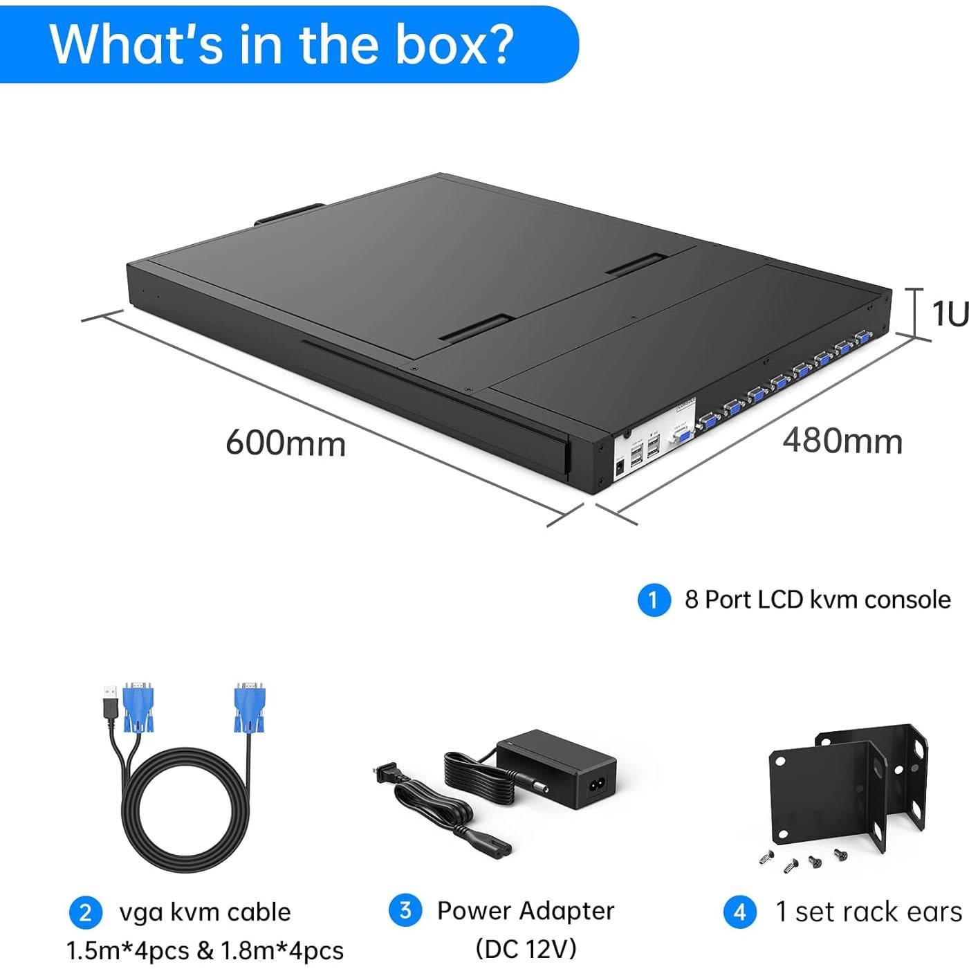 Conmutador KVM VGA 8 puertos Yinker con monitor LCD 19"