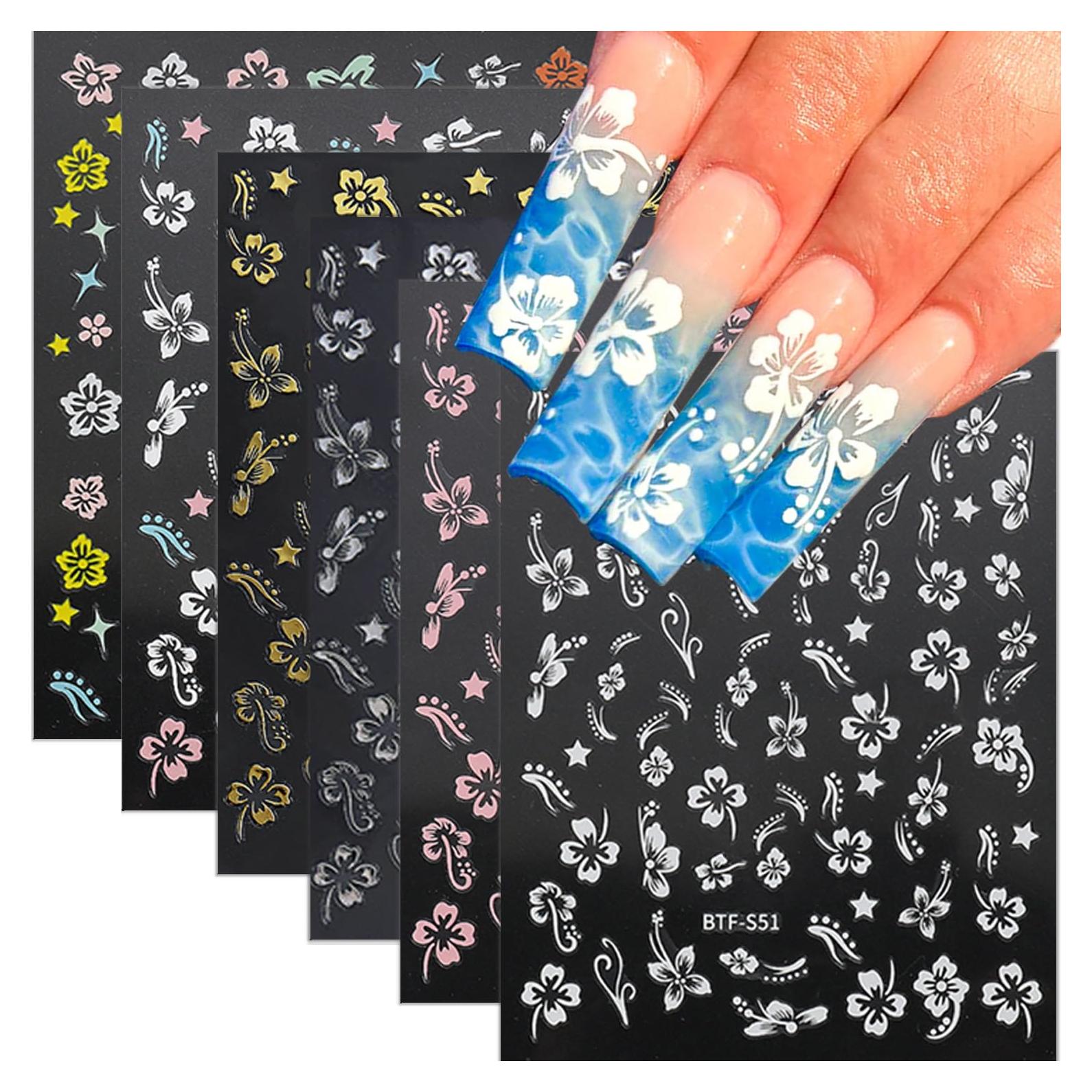 Calcomanías de Uñas 3D ZRZETREB Flores Hibisco 6 Hojas