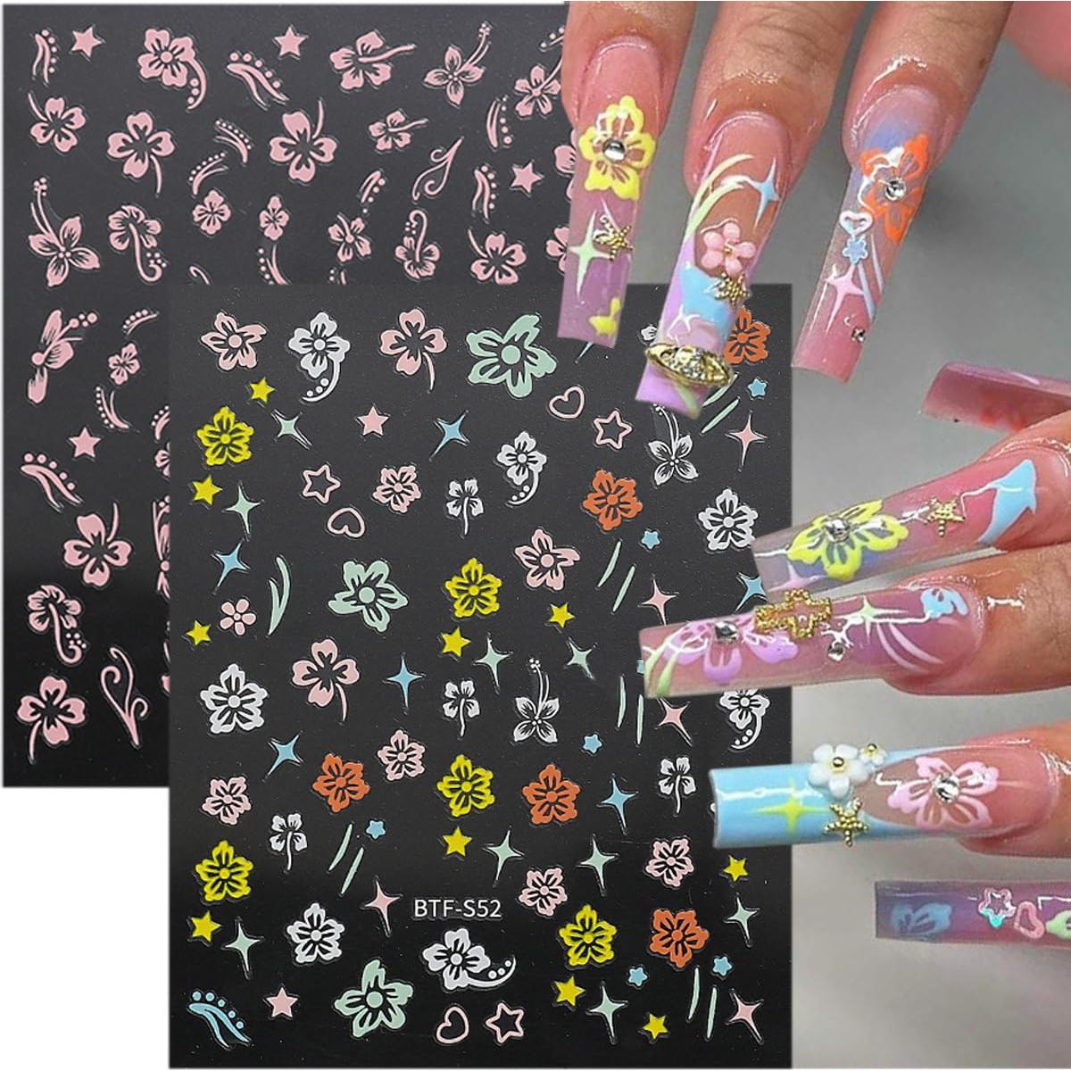 Calcomanías de Uñas 3D ZRZETREB Flores Hibisco 6 Hojas