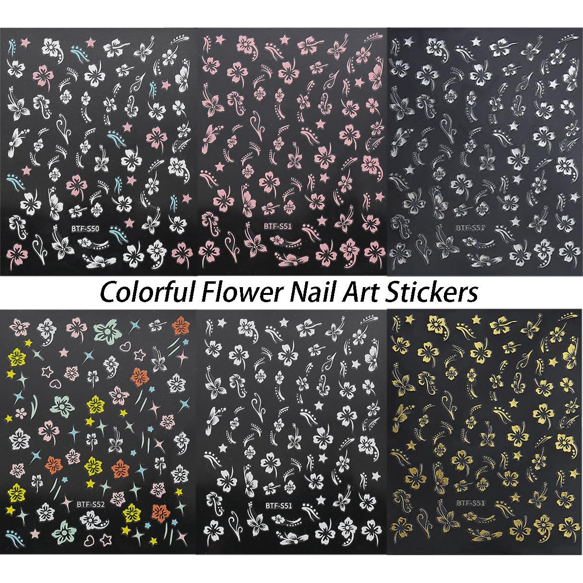 Calcomanías de Uñas 3D ZRZETREB Flores Hibisco 6 Hojas