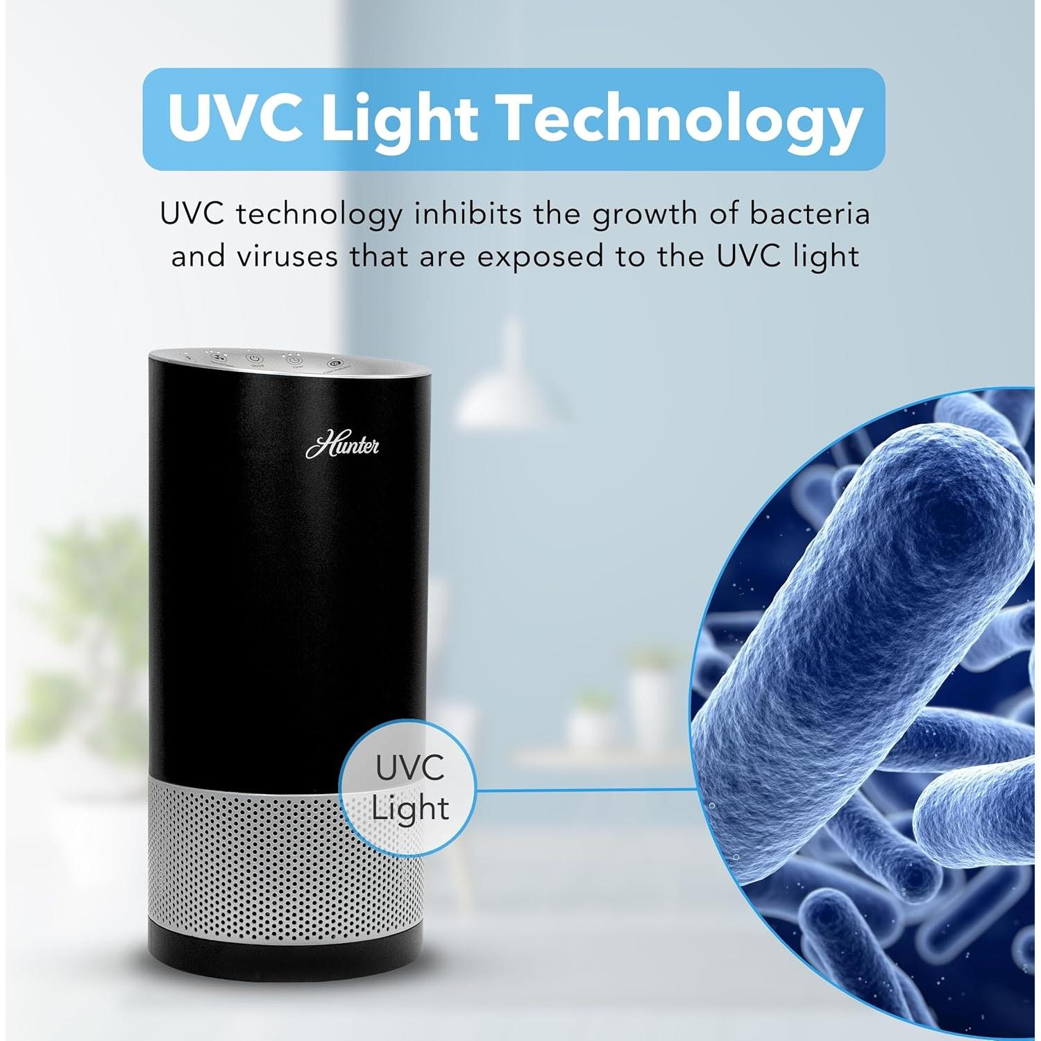 Hunter HP450UV Round Air Purifiers for Home, True HEPA Air Purifier Tower for Pets, Odors, Allergens, Smoke, Dust, VOC's. HEPA Air Purifiers for Bedroom and Small Room. Aqua Silver