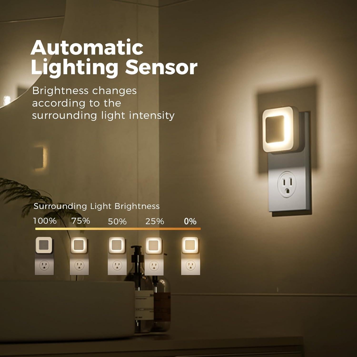 Luz Nocturna LED Midea 3000K Enchufar Pared Sensor Crepúsculo