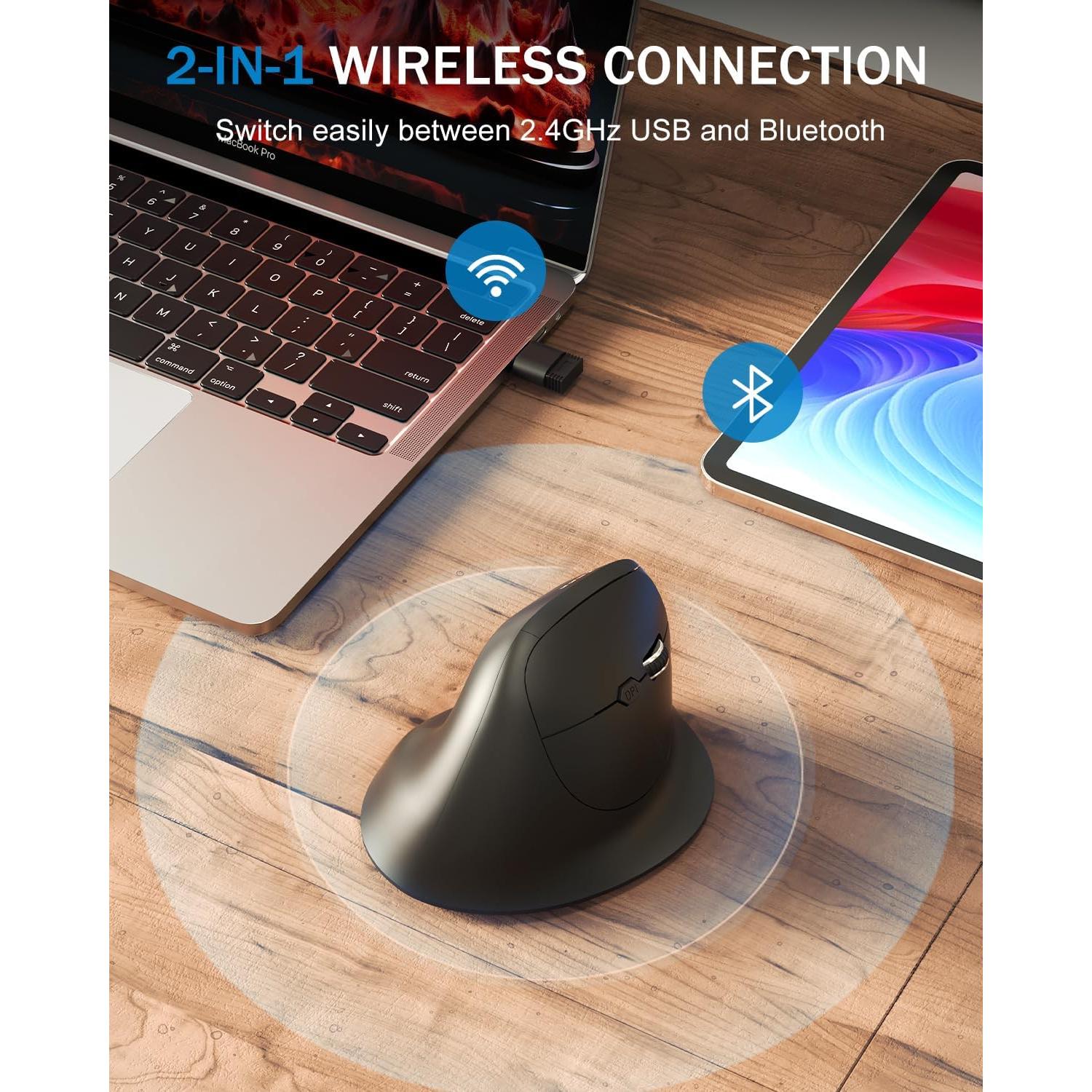 Ratón Ergonómico Inalámbrico GHAJZ Negro con Bluetooth y USB-C