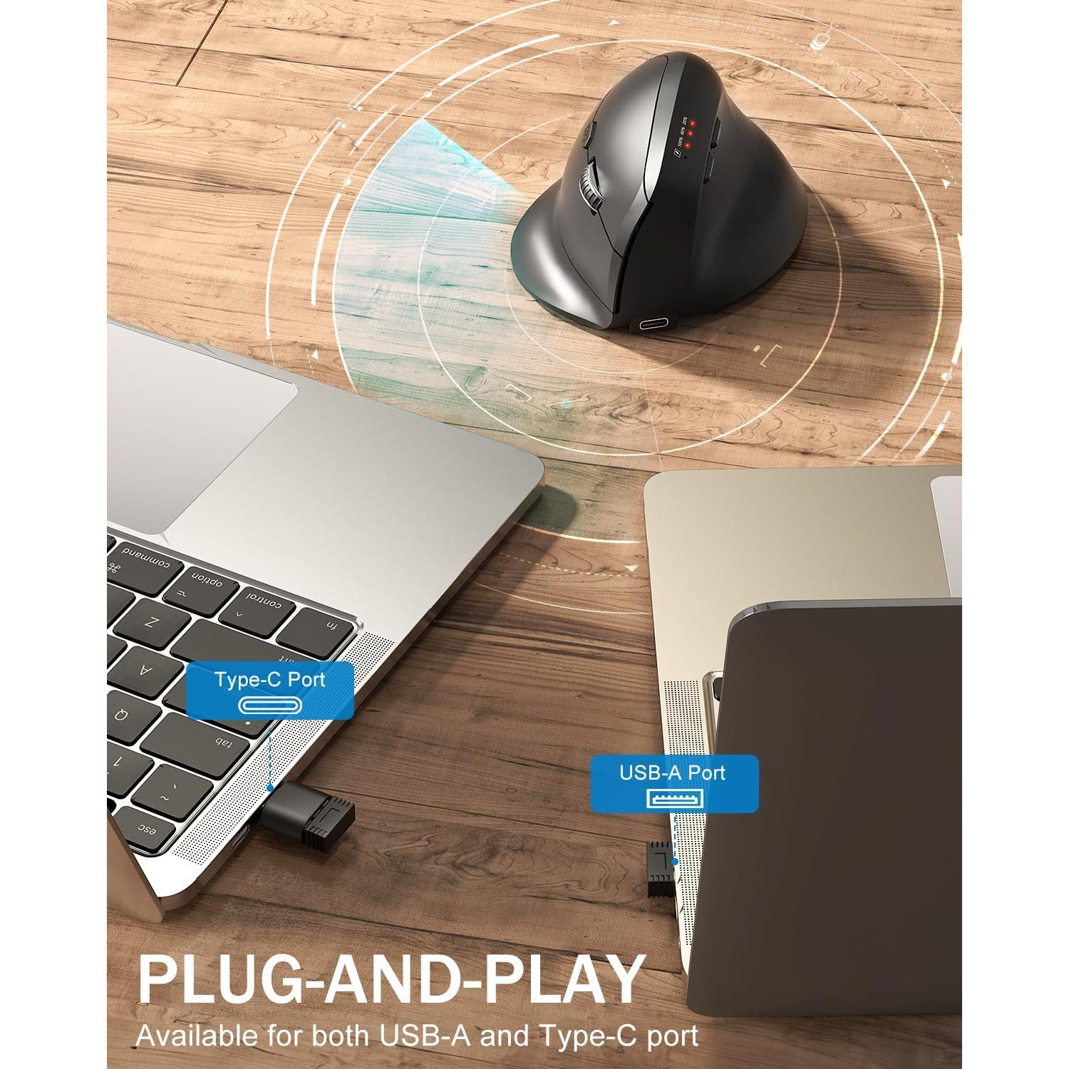 Ratón Ergonómico Inalámbrico GHAJZ Negro con Bluetooth y USB-C