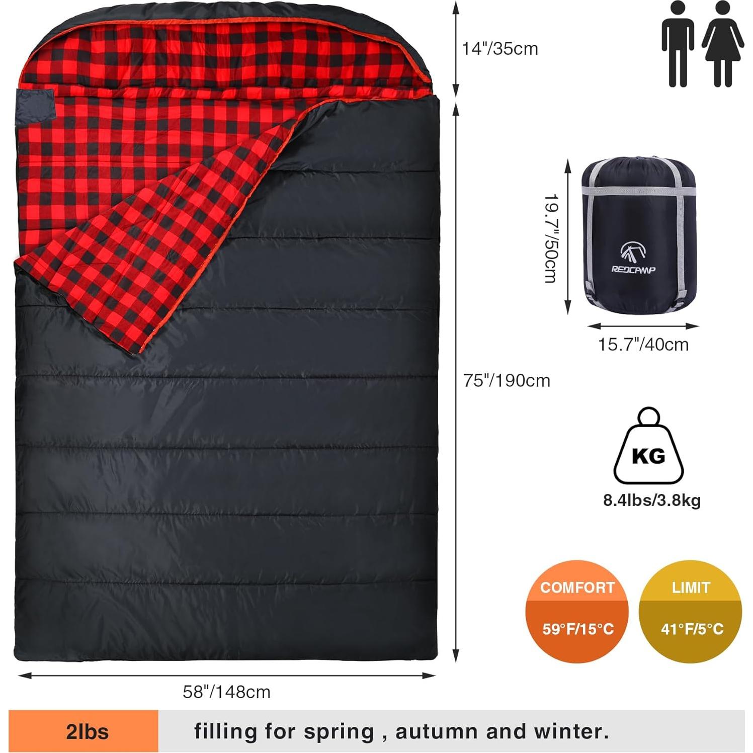 Saco de Dormir Doble REDCAMP Algodón Franela 225x148 cm