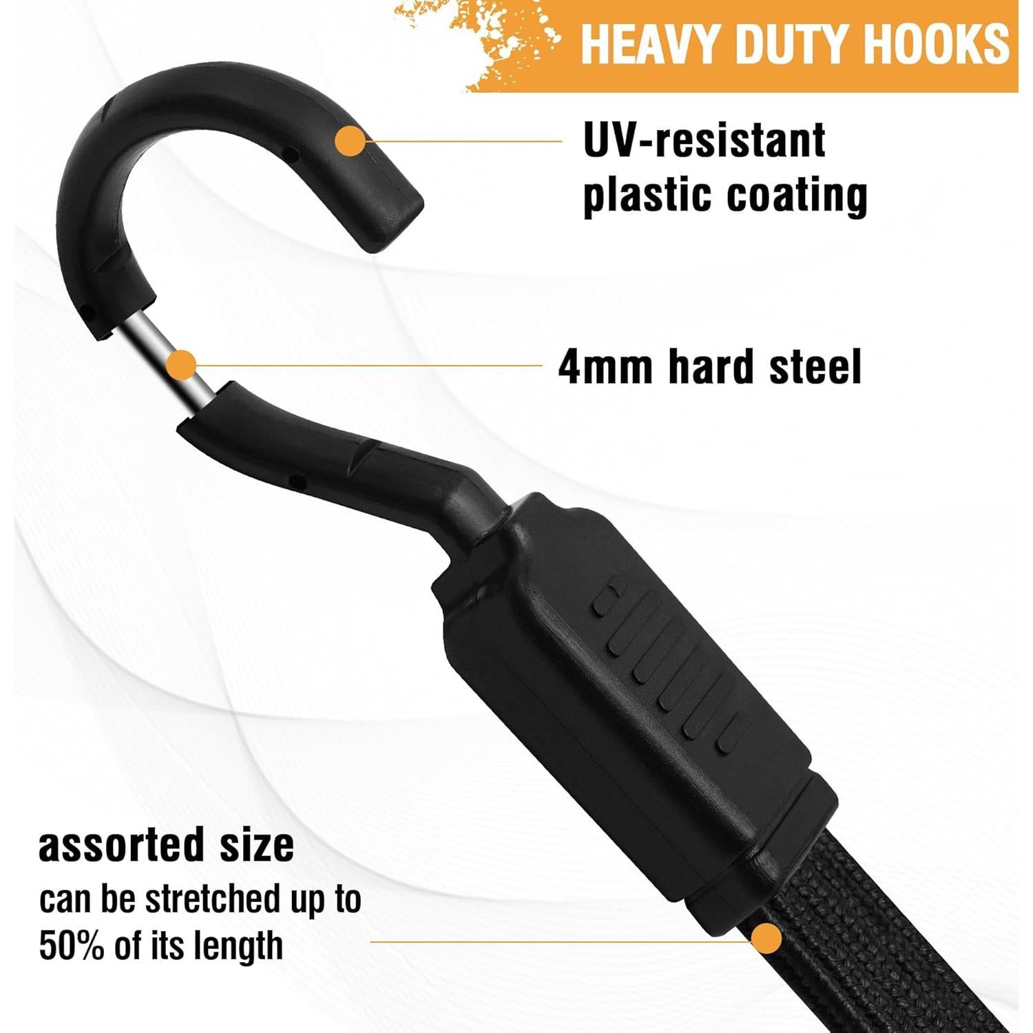 Cuerdas Bungee Planas Rugtol 30.48 cm con Ganchos Metálicos - Paquete de 4