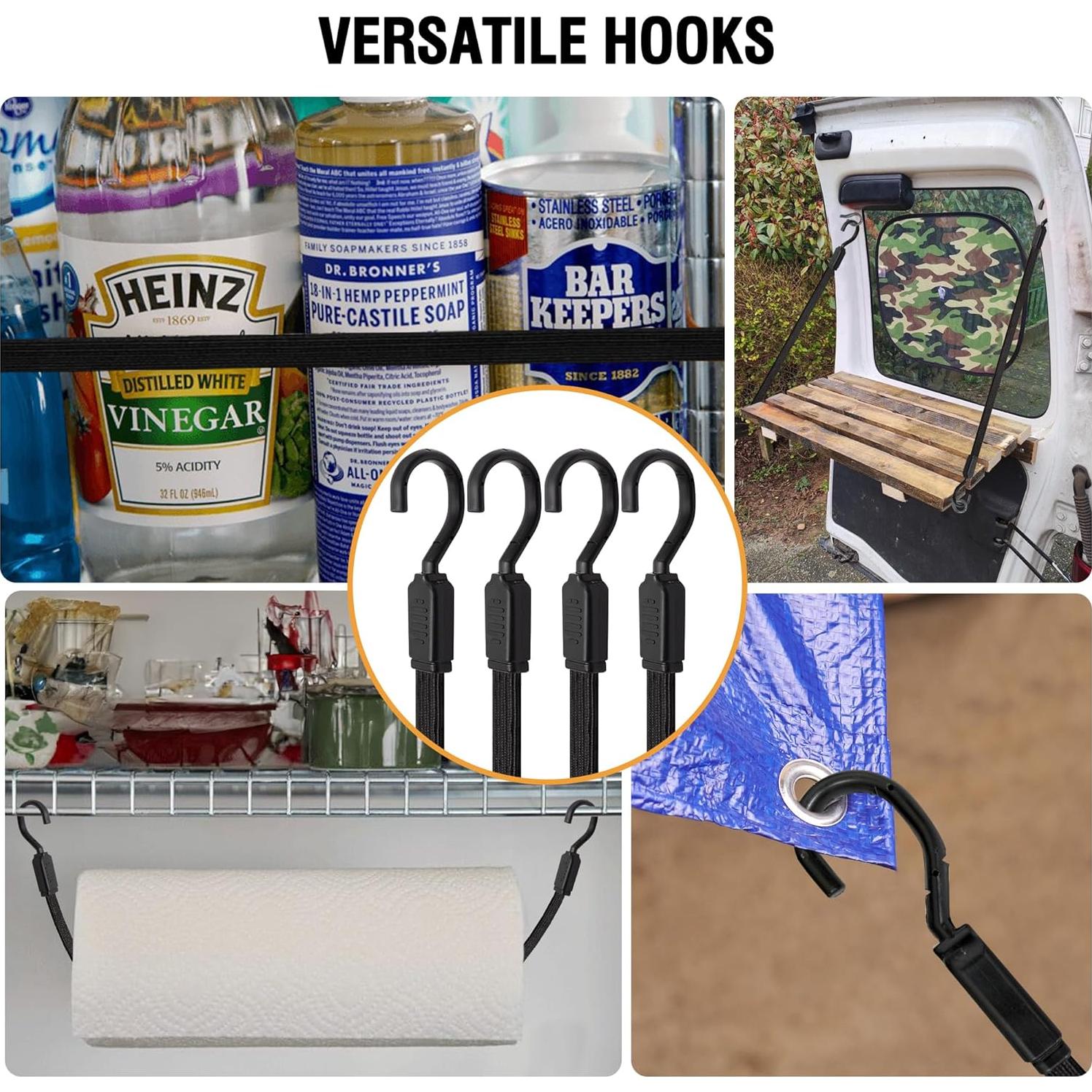 Cuerdas Bungee Planas Rugtol 30.48 cm con Ganchos Metálicos - Paquete de 4