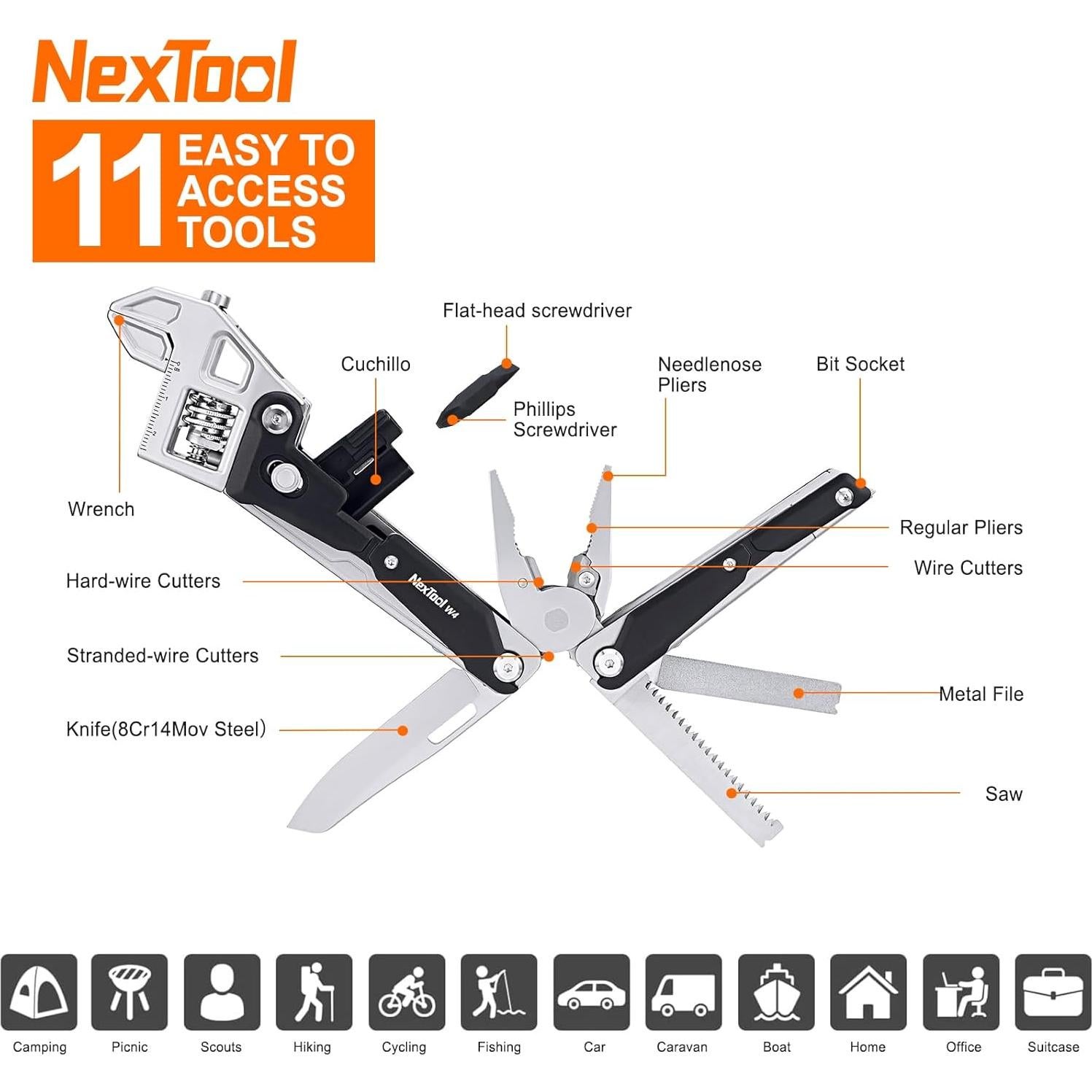 NexTool W4 Adjustable Ratchet Wrench Multitool, 11-IN-1 Foldable EDC Tool with Pliers, Knife, Saw and Screwdriver, Multi Tool for Camping, DIY, and Gifts for Him