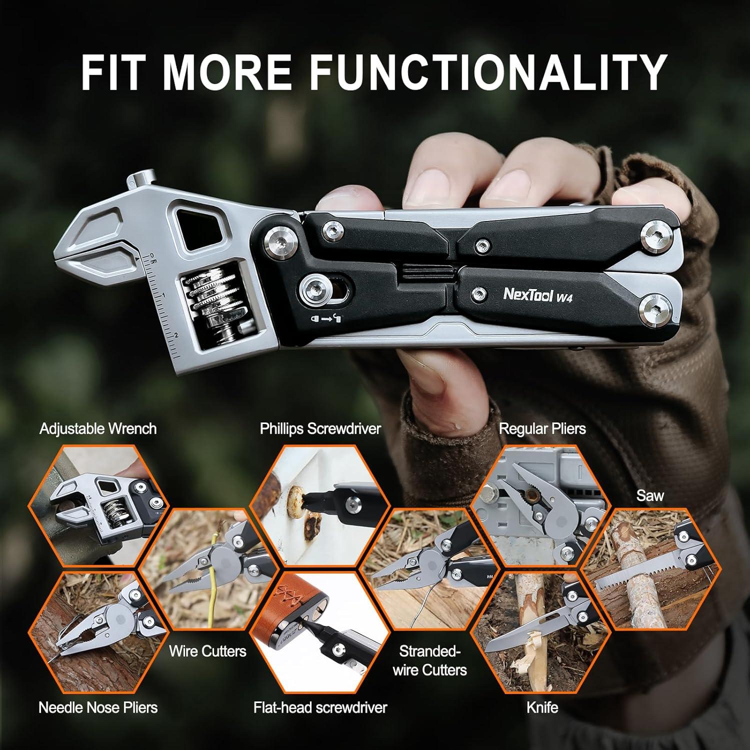 NexTool W4 Adjustable Ratchet Wrench Multitool, 11-IN-1 Foldable EDC Tool with Pliers, Knife, Saw and Screwdriver, Multi Tool for Camping, DIY, and Gifts for Him