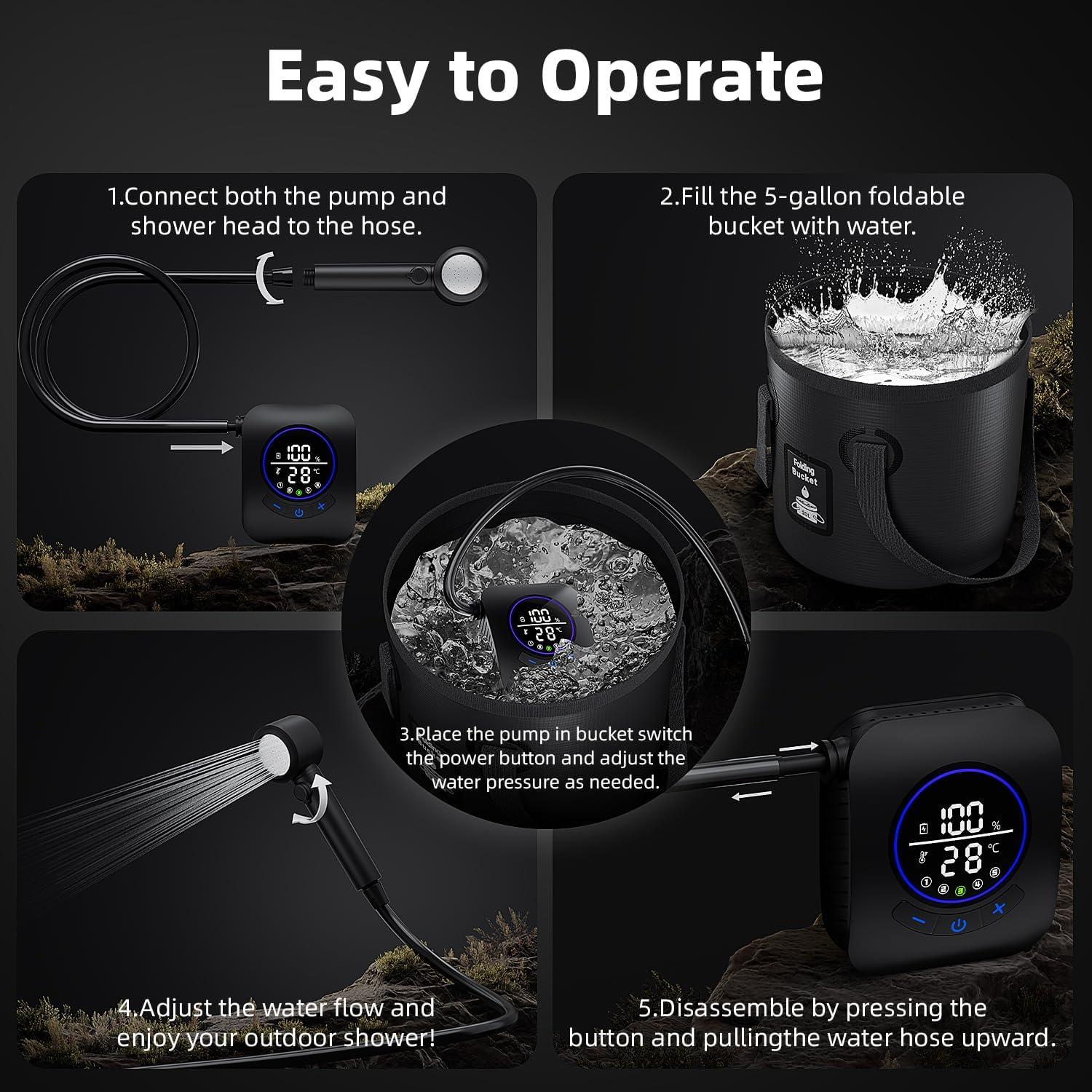 Ducha portátil de camping MORIKO A2501 8000mAh con cubo 20L