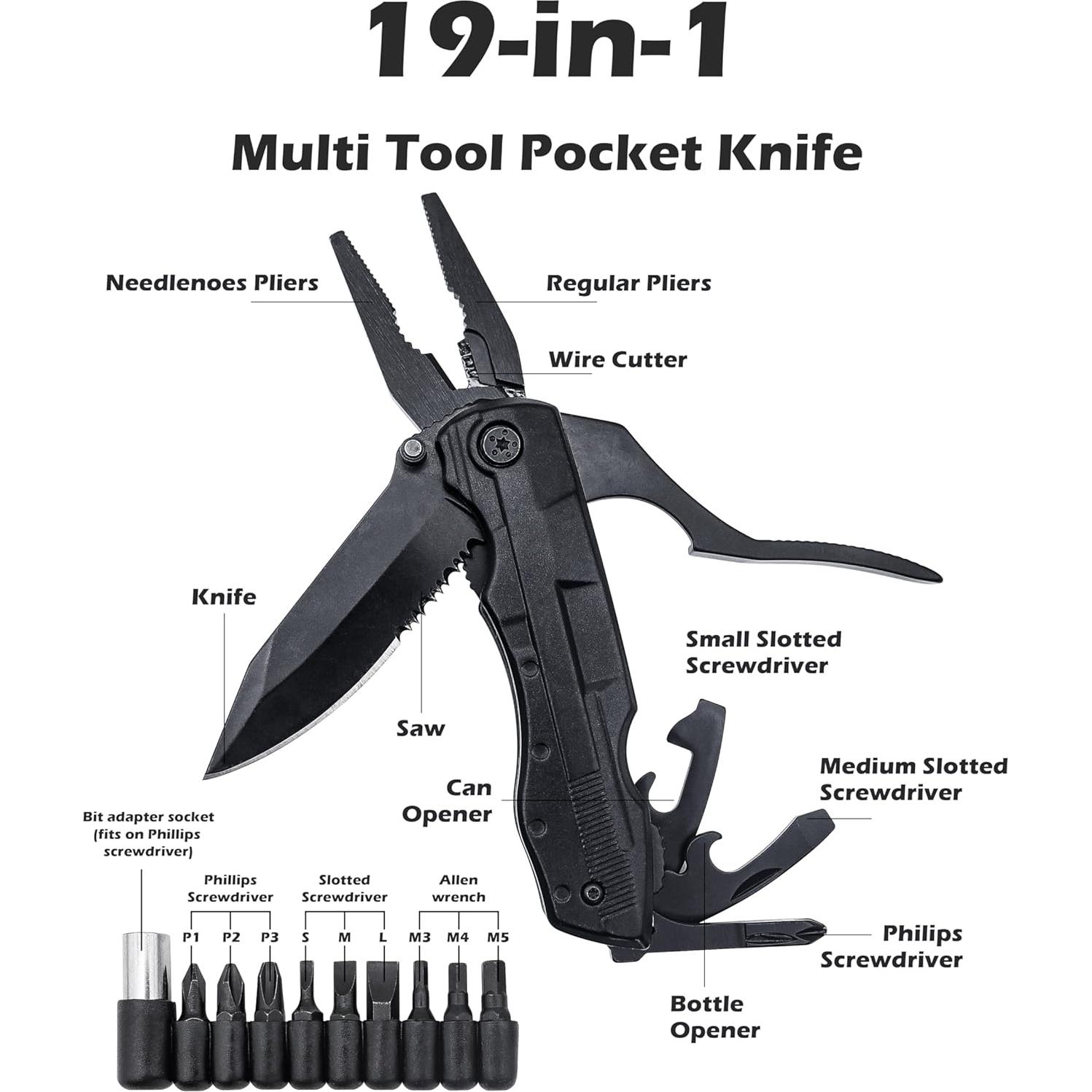 Cuchillo de bolsillo Rush Deer 19 en 1 - Multiherramienta EDC negra