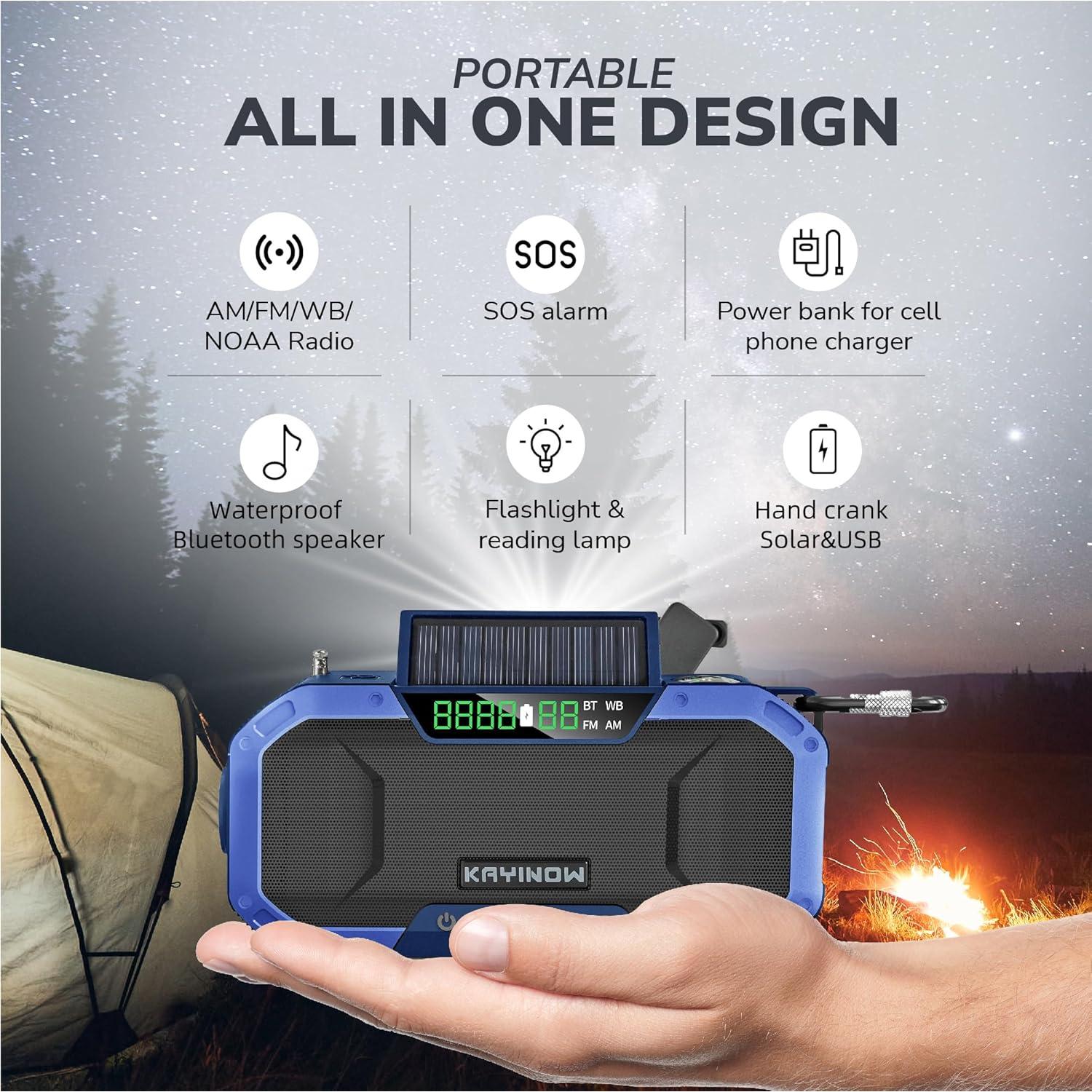 Radio de Manivela Solar Bluetooth NOAA 5000mAh Resistente Agua
