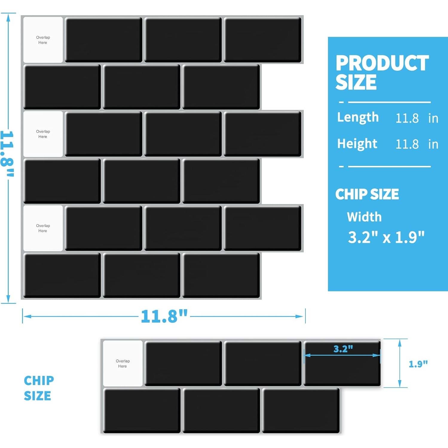 Azulejos Autoadhesivos Art3d 30x30cm Negro Brillante - 10 Hojas