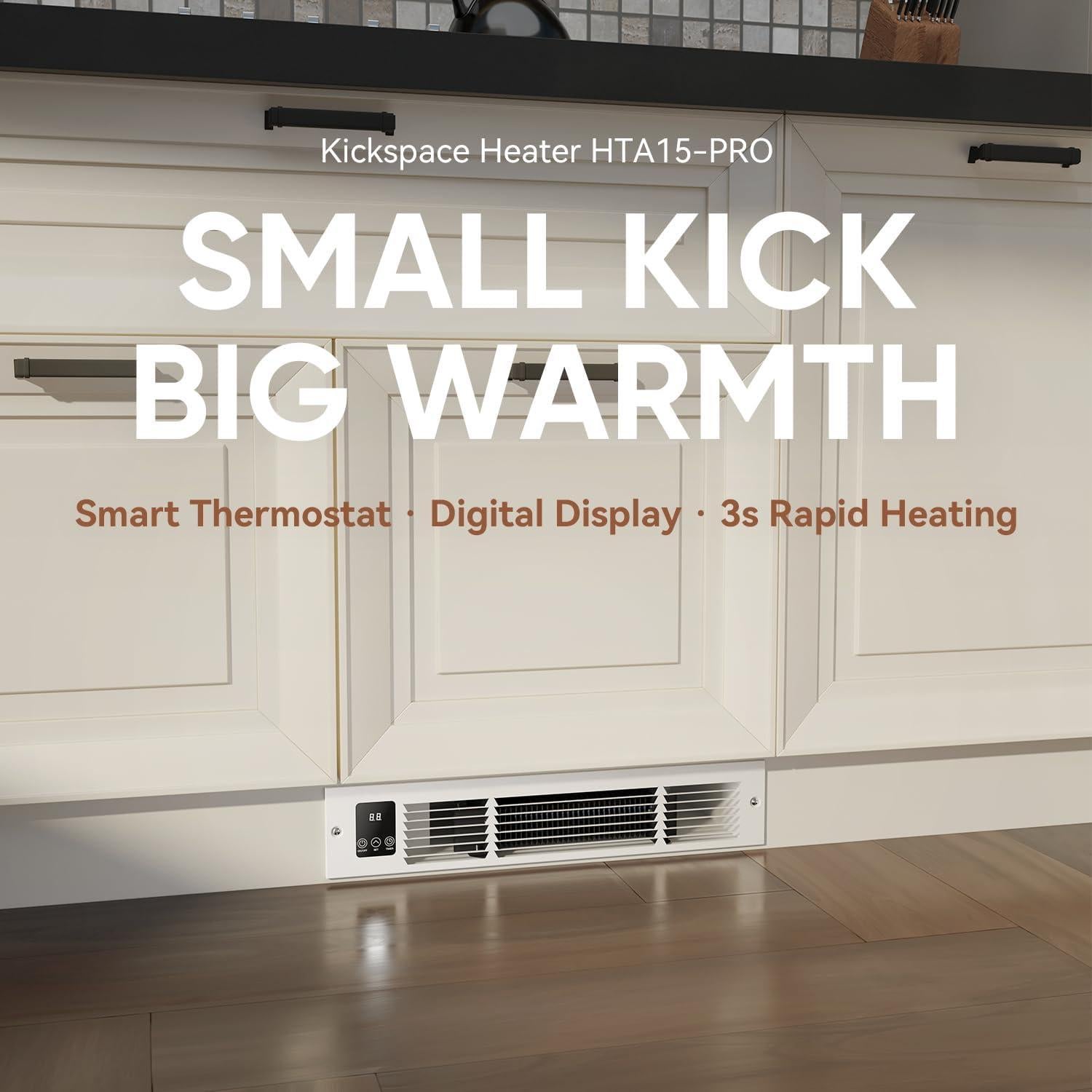 Electric Kickspace Heater with Built-In Thermostat and Timer, 1500W Plinth Heater HTA15-PRO for Cabinet Kickspaces, Vanities and Stairways, White