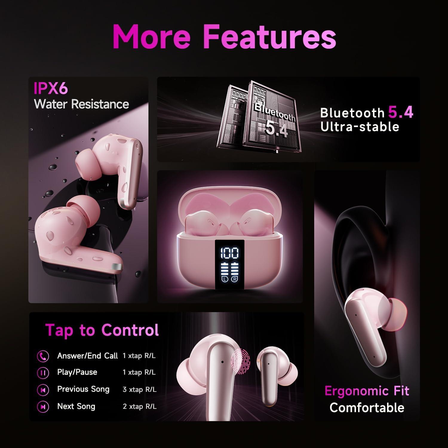 Auriculares Inalámbricos TISKY P13 Bluetooth 5.4 Rosa, Cancelación de Ruido