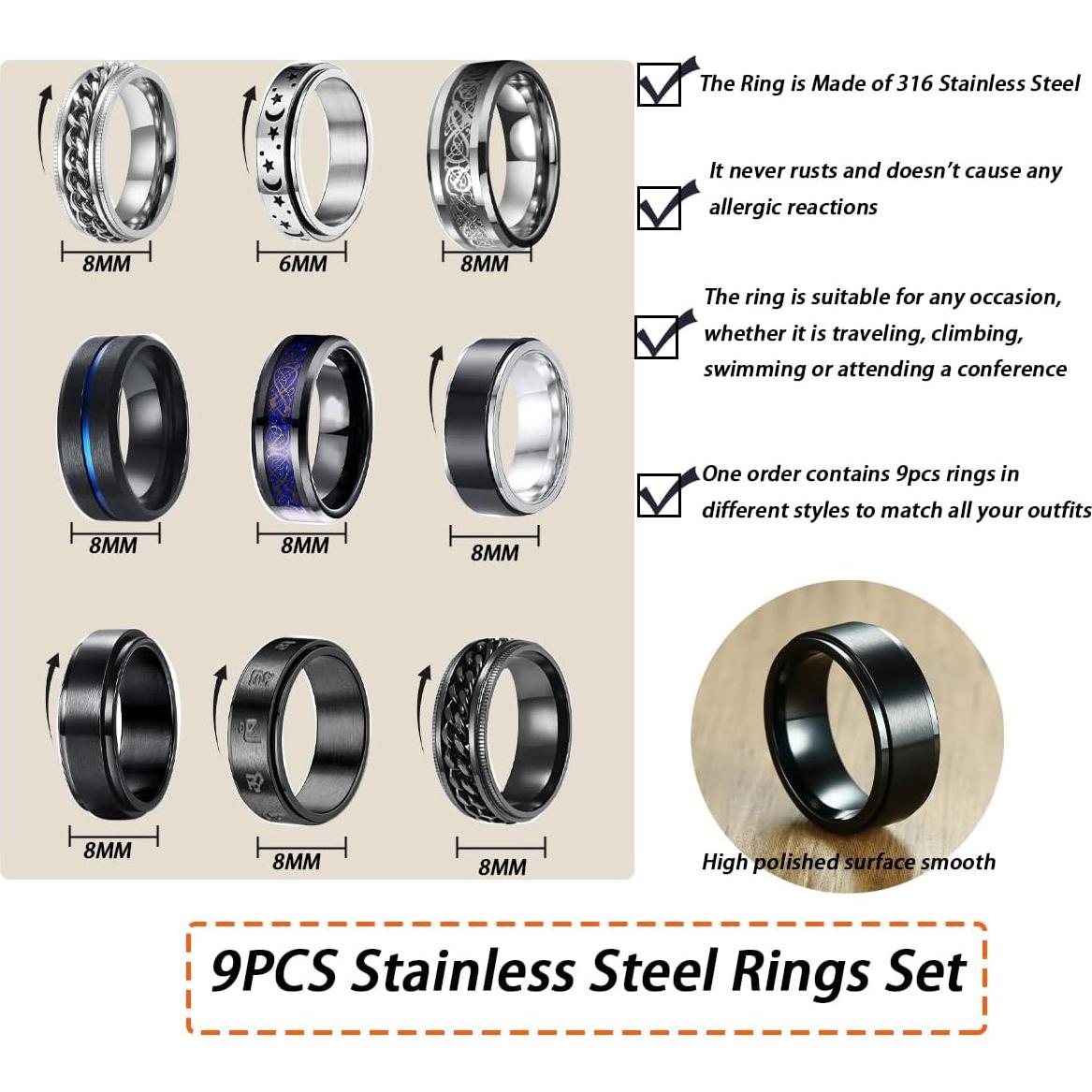Conjunto de 9 Anillos de Acero Inoxidable para Hombres - PINCHUAN