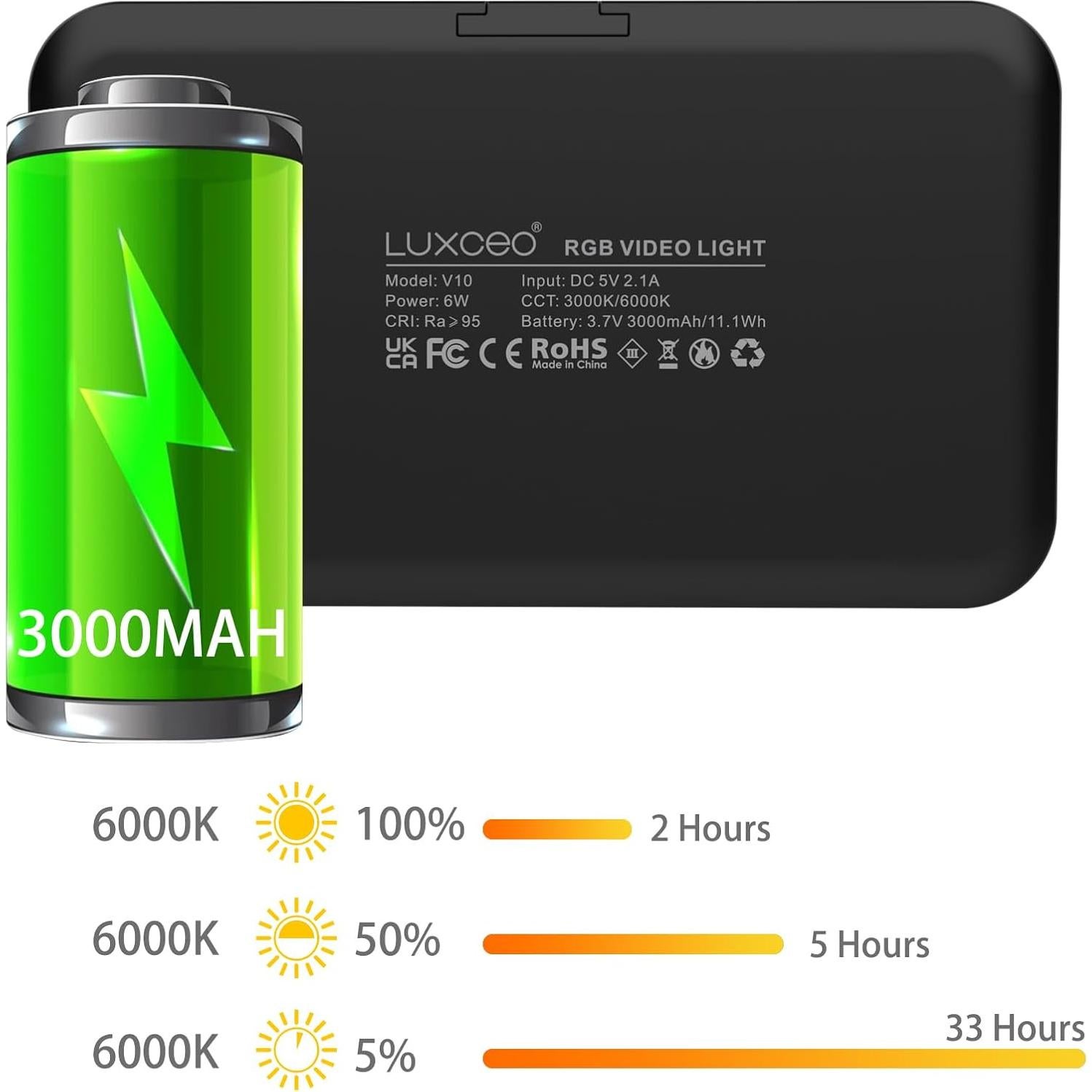 Luz LED RGB Leshiou V10 Portátil 3000mAh 500LUX