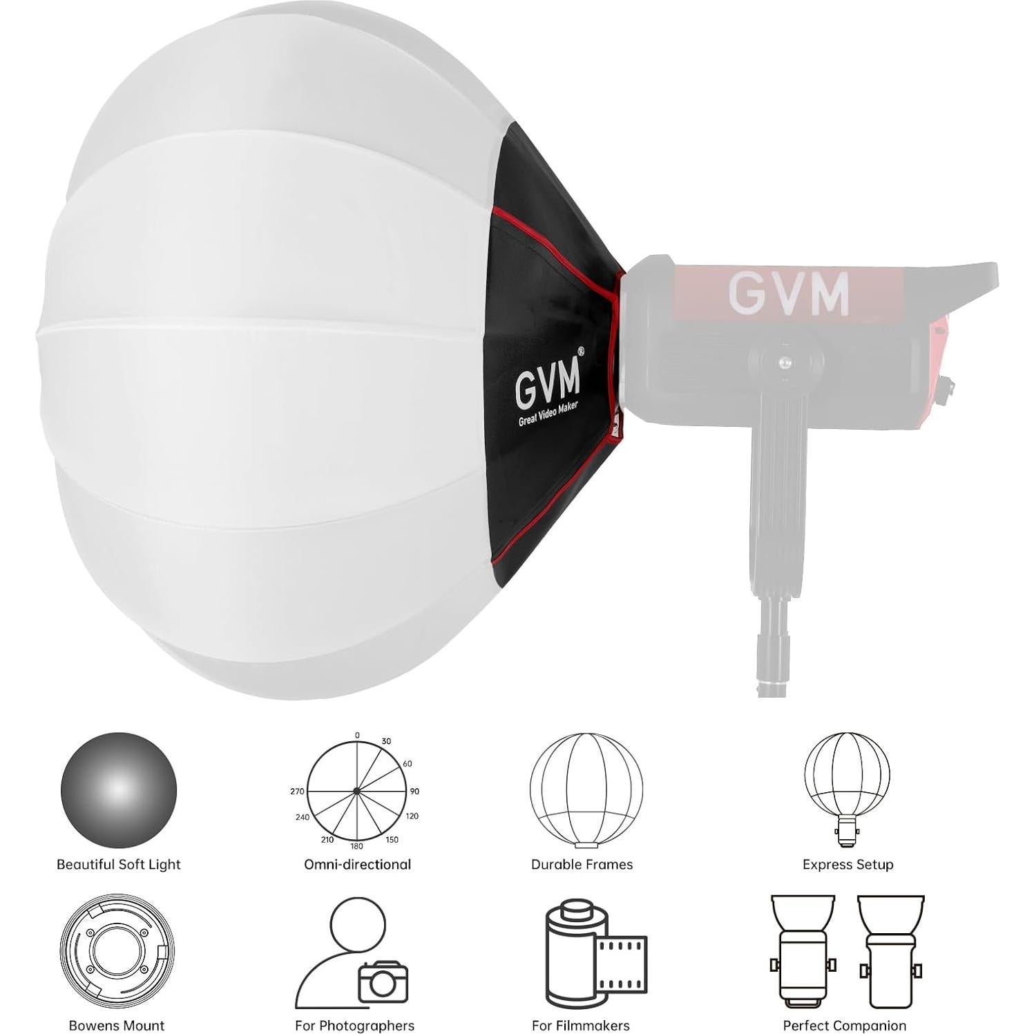 GVM 26inch/65cm Lantern Softbox Soft Light Modifier, Quick-Setup Quick-Folding Light Softbox for GVM SD80D SD200B SD300B SD400B SD500B SD650B and Other Bowens Mount Light