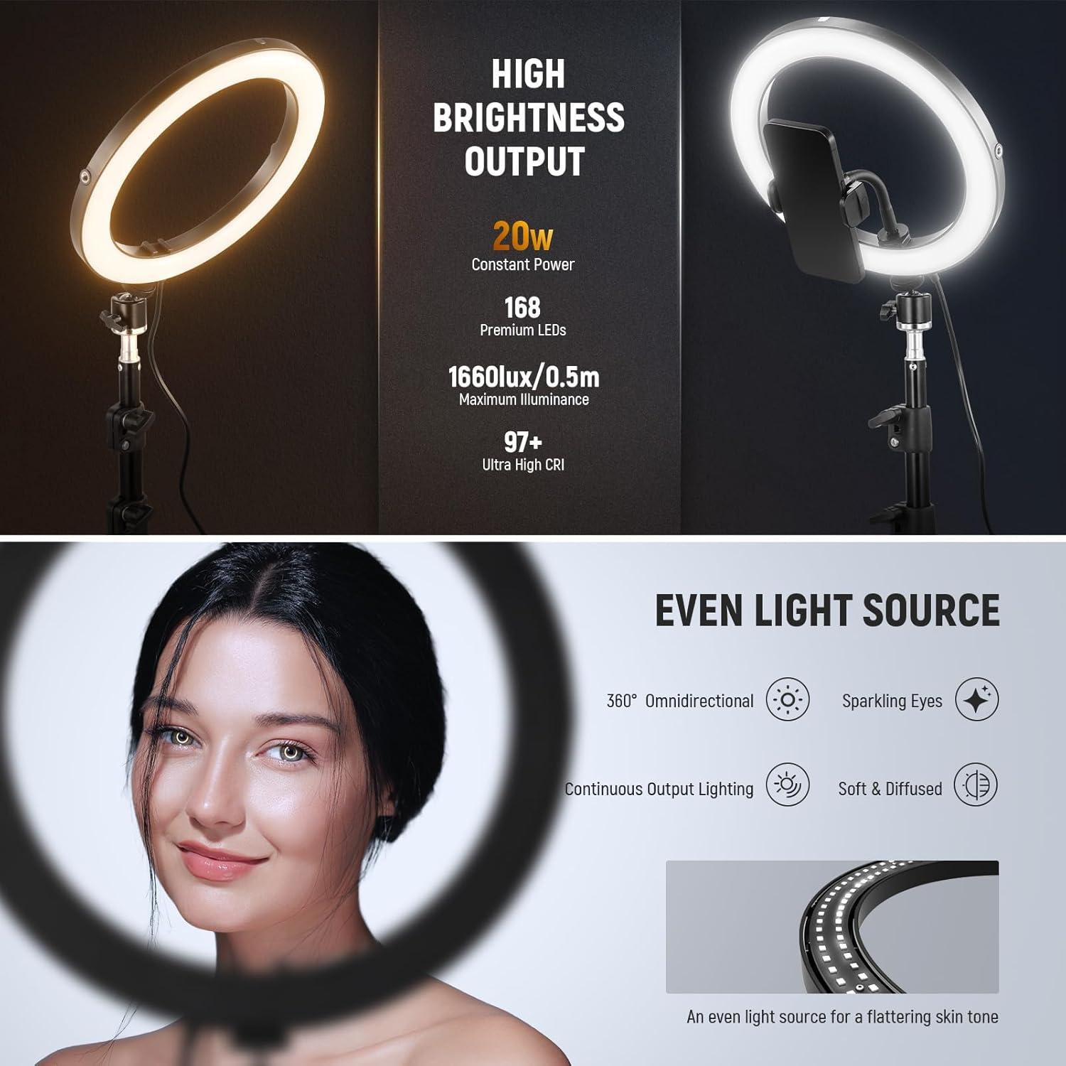 NEEWER 10" 20W High Power LED Ring Light for Phone with 71" Tripod Stand, Bi Color Ringlight, Phone Holder Compatible with iPhone for Video Recording Selfie Makeup Studio Live Streaming TikTok, RH10B