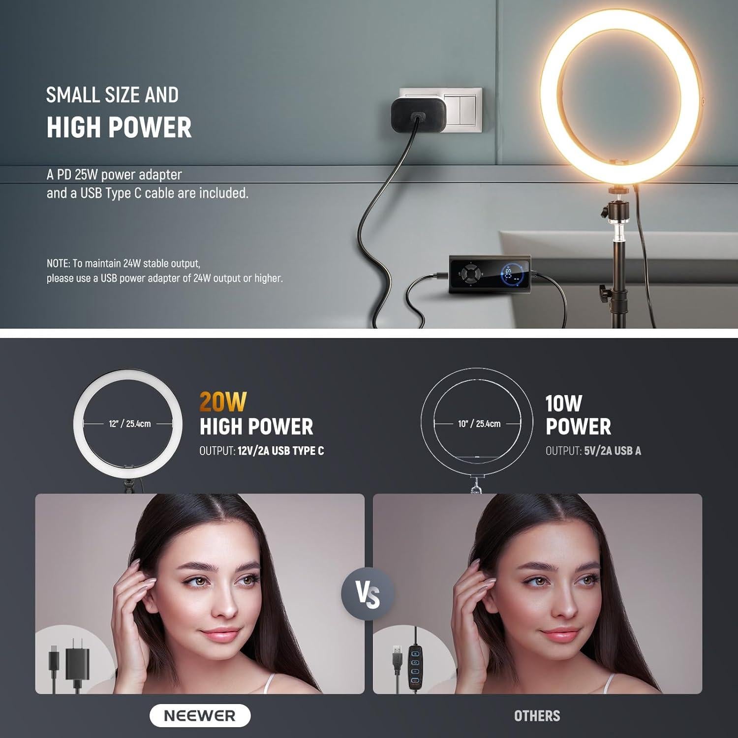 NEEWER 10" 20W High Power LED Ring Light for Phone with 71" Tripod Stand, Bi Color Ringlight, Phone Holder Compatible with iPhone for Video Recording Selfie Makeup Studio Live Streaming TikTok, RH10B