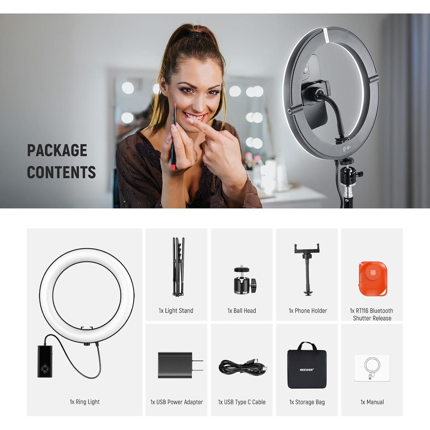 NEEWER 10" 20W High Power LED Ring Light for Phone with 71" Tripod Stand, Bi Color Ringlight, Phone Holder Compatible with iPhone for Video Recording Selfie Makeup Studio Live Streaming TikTok, RH10B