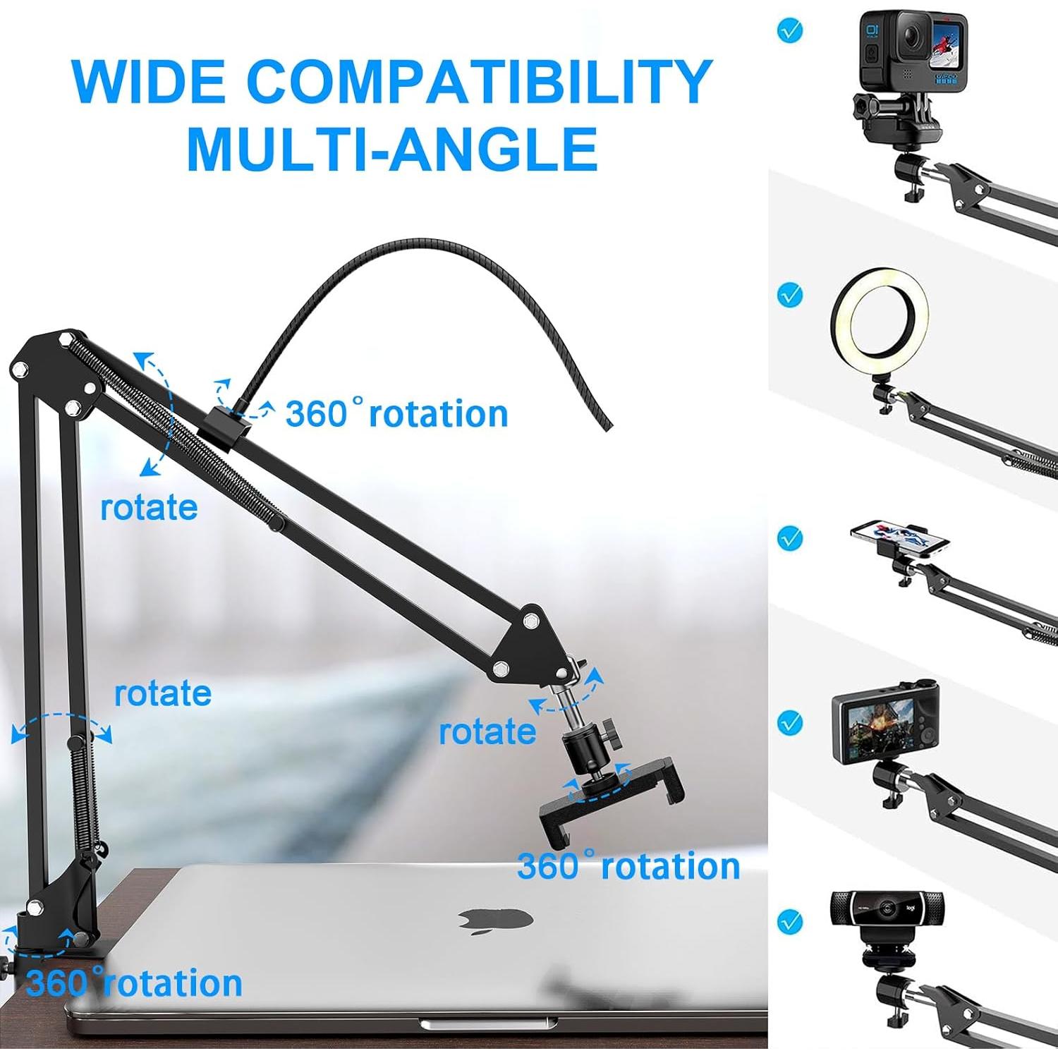 Soporte de Cámara con Luz Anular 6" y Brazo Articulado