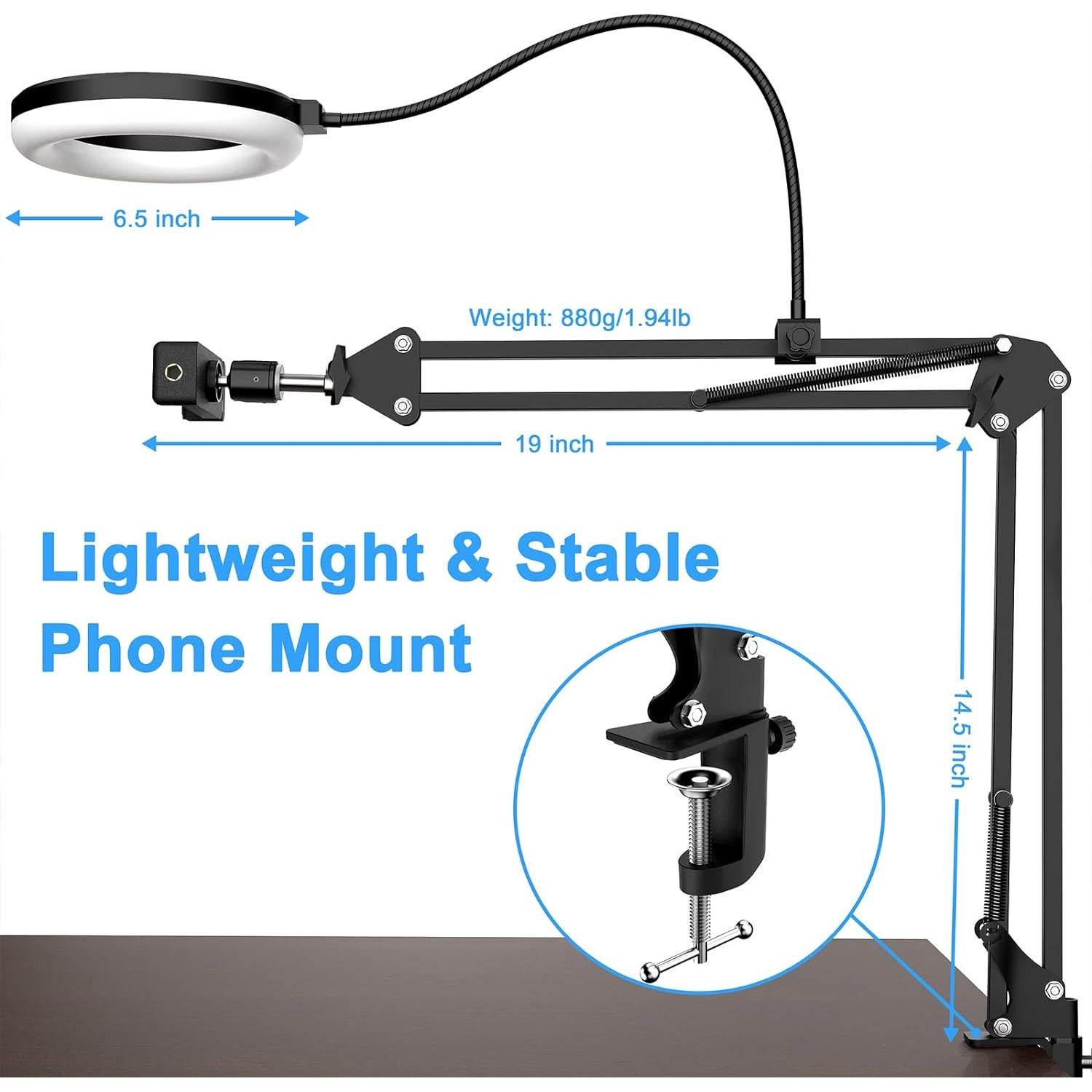 Soporte de Cámara con Luz Anular 6" y Brazo Articulado