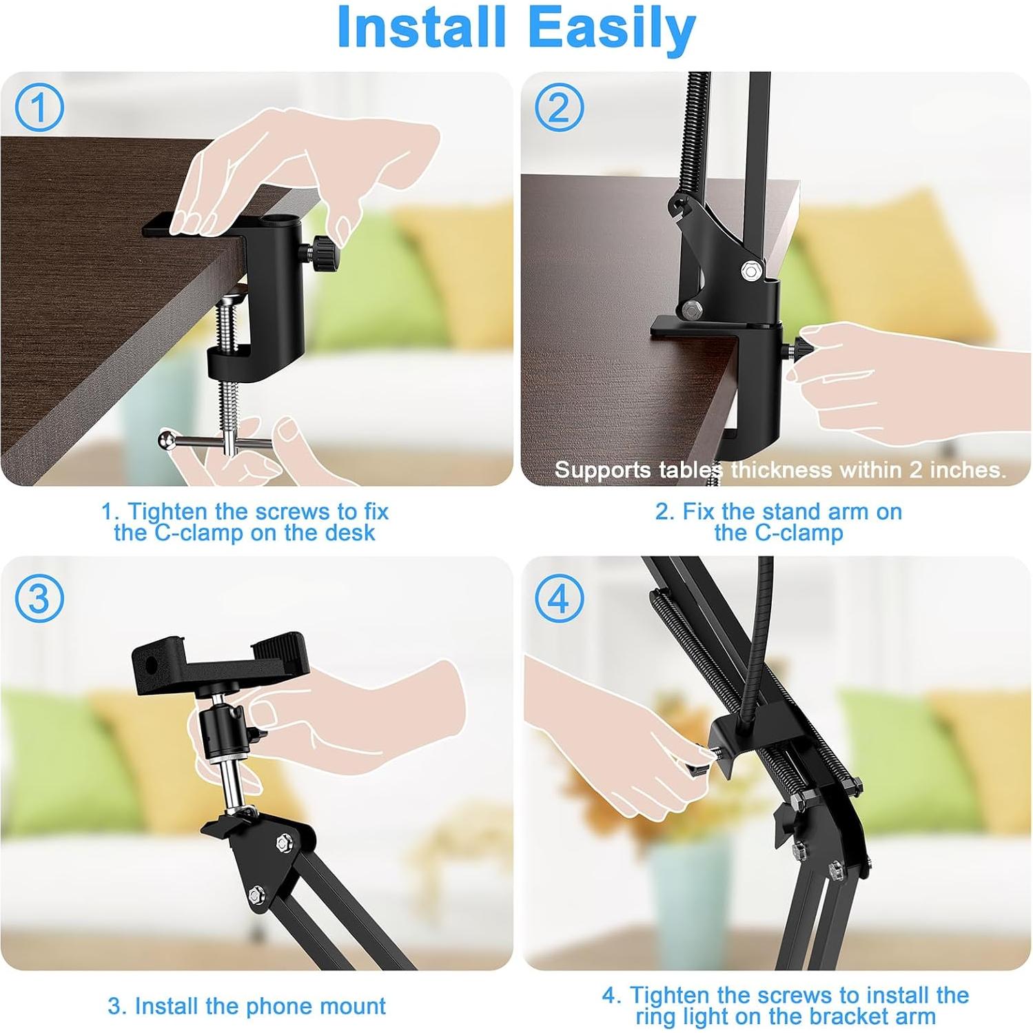 Soporte de Cámara con Luz Anular 6" y Brazo Articulado