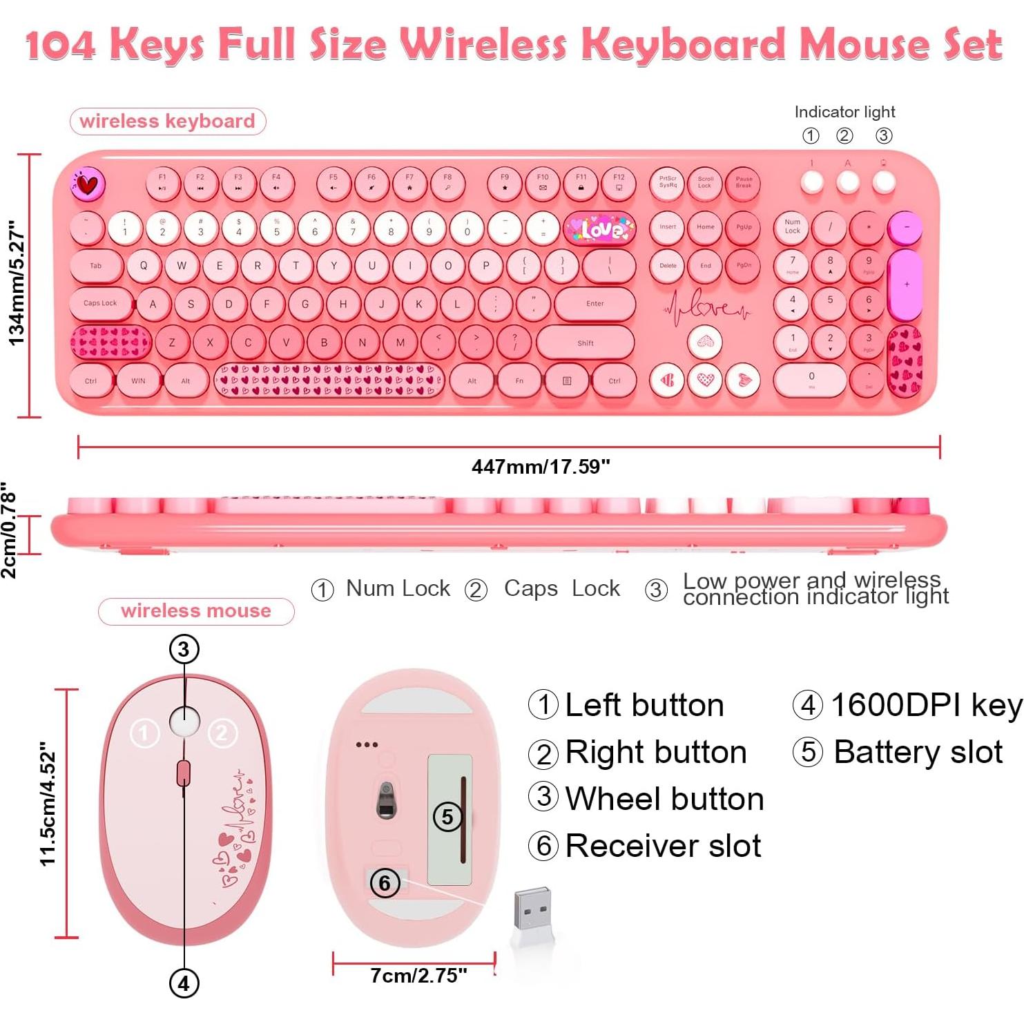 Teclado y Ratón Inalámbricos Victkeyory Rosa 104 Teclas Retro