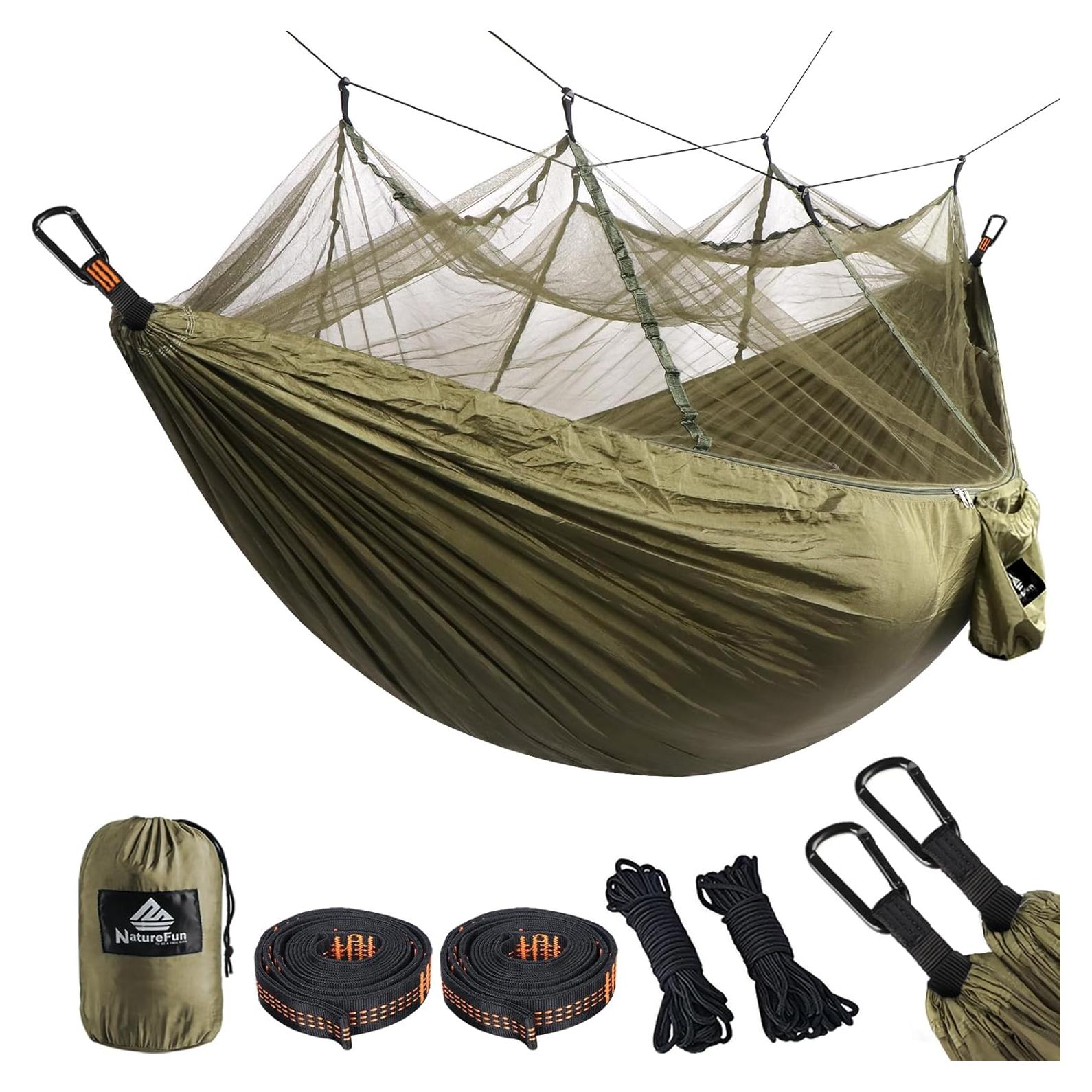 Travel Net Camping Hammock | 300kg Load Capacity,(275 x 140 cm) Breathable,Quick-Drying Parachute Nylon | 2 x Premium Carabiners,4 x Nylon Slings Included | for Outdoor Indoor Garden