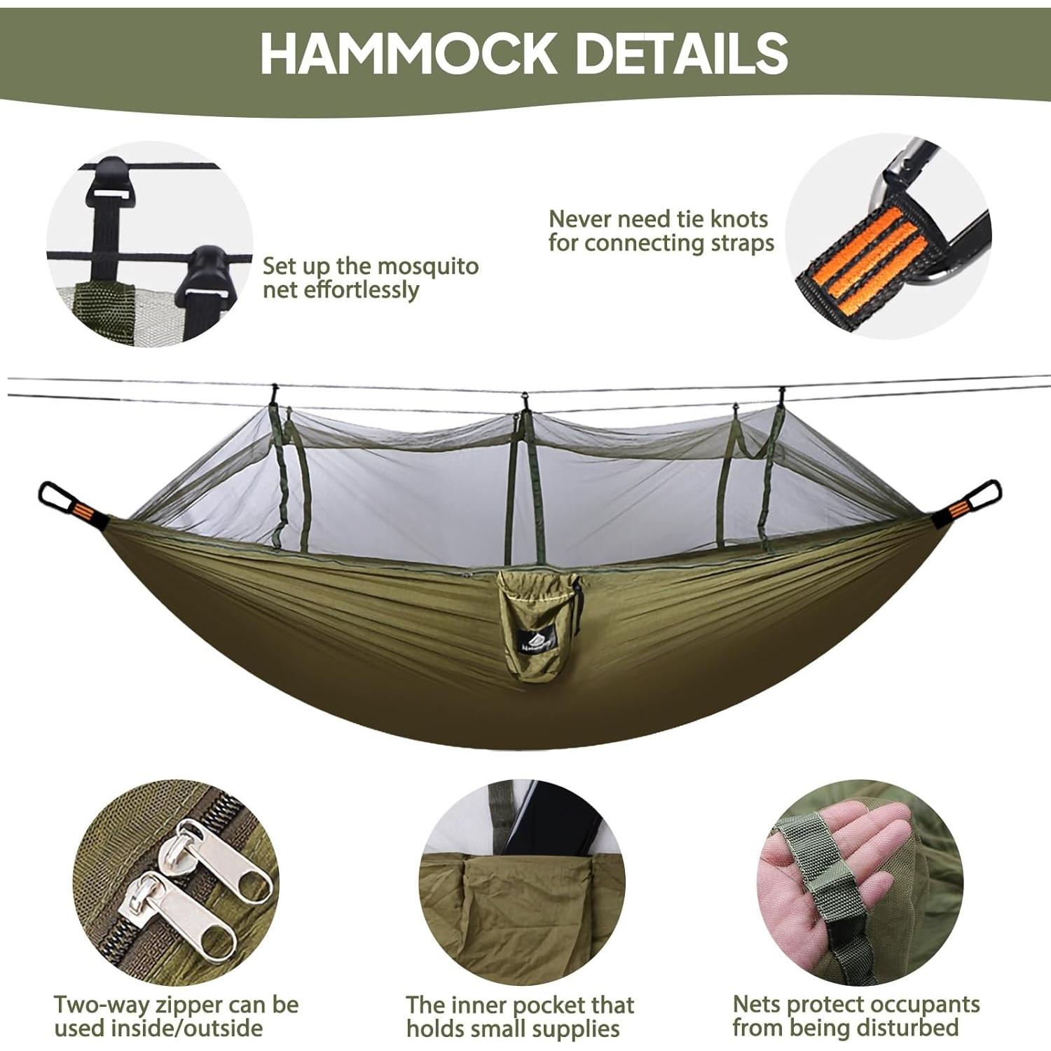 Travel Net Camping Hammock | 300kg Load Capacity,(275 x 140 cm) Breathable,Quick-Drying Parachute Nylon | 2 x Premium Carabiners,4 x Nylon Slings Included | for Outdoor Indoor Garden