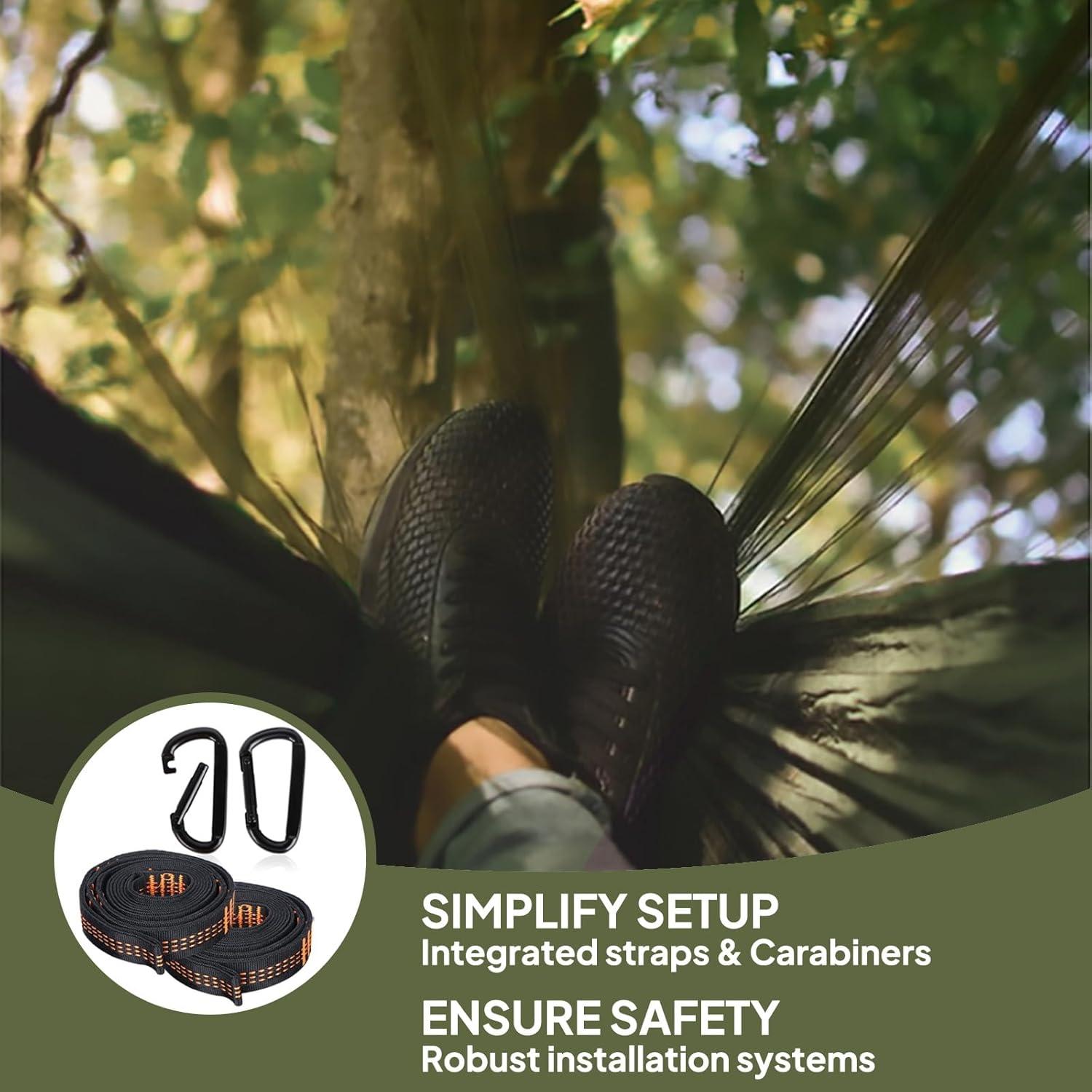 Travel Net Camping Hammock | 300kg Load Capacity,(275 x 140 cm) Breathable,Quick-Drying Parachute Nylon | 2 x Premium Carabiners,4 x Nylon Slings Included | for Outdoor Indoor Garden