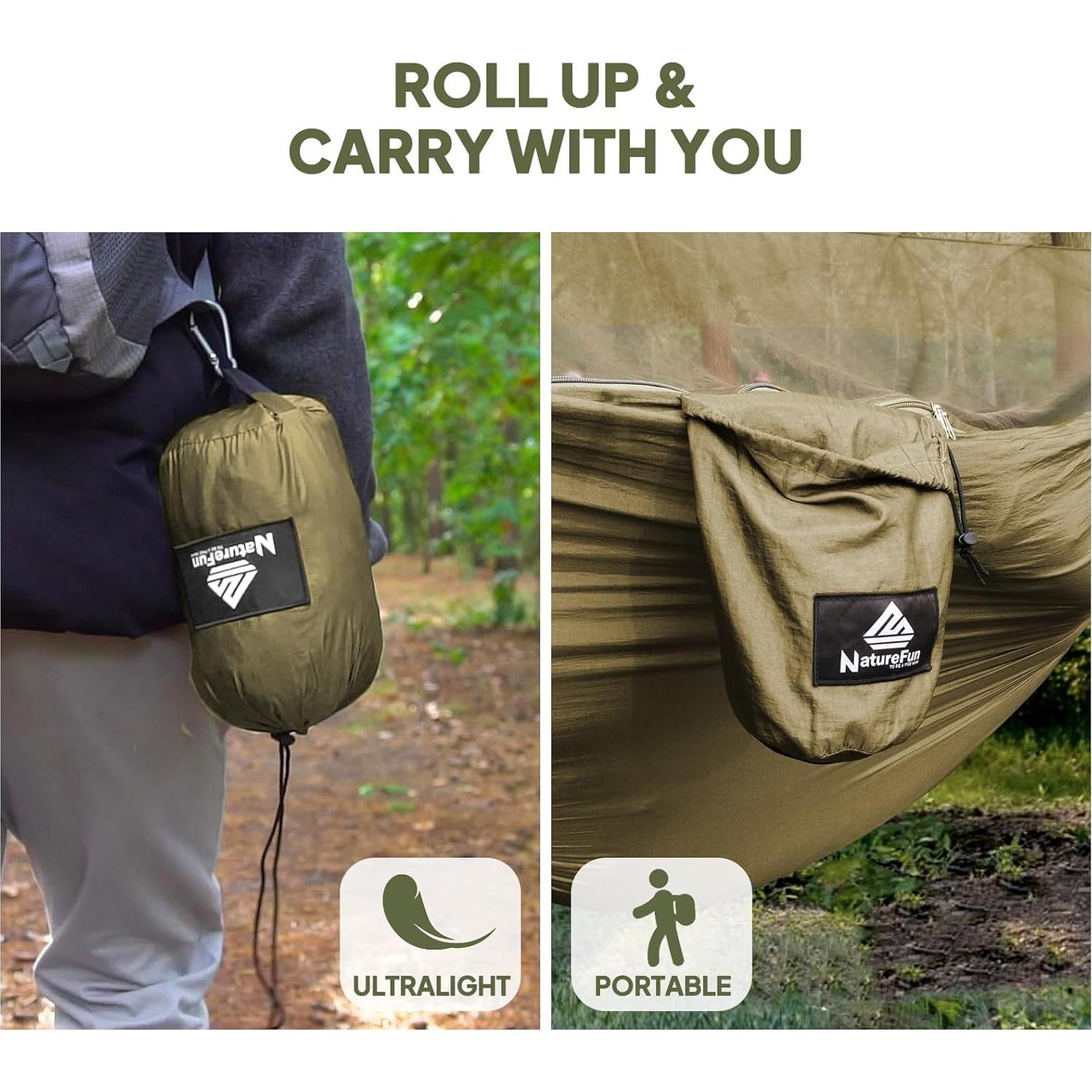 Travel Net Camping Hammock | 300kg Load Capacity,(275 x 140 cm) Breathable,Quick-Drying Parachute Nylon | 2 x Premium Carabiners,4 x Nylon Slings Included | for Outdoor Indoor Garden