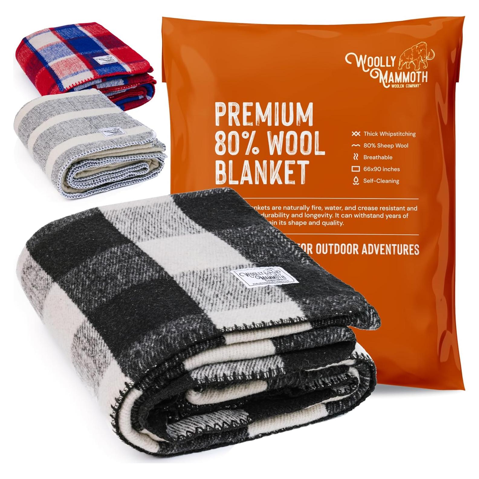 Woolly Mammoth Merino Wool Blanket- 66" x 90" 4 lbs Thick, Outdoor/Indoor Throw for Campfire, Picnic, Beach, Van Life, Home, Heavy Duty Insulating Sleep Plaid, Twin Size Bed, Black/Cream Design