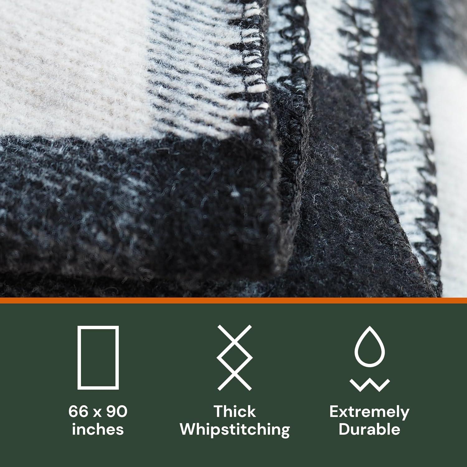 Woolly Mammoth Merino Wool Blanket- 66" x 90" 4 lbs Thick, Outdoor/Indoor Throw for Campfire, Picnic, Beach, Van Life, Home, Heavy Duty Insulating Sleep Plaid, Twin Size Bed, Black/Cream Design